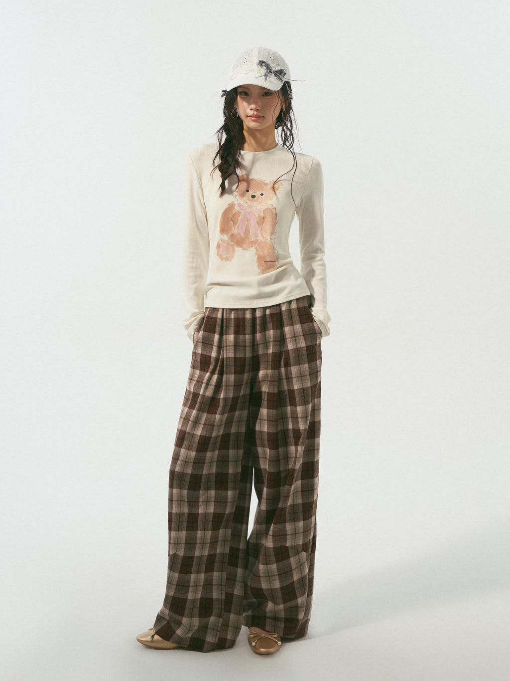SOMESOWE Original Plaid Pocket Relaxed Curved Natural Waist Women Daily Grey Sweatpants