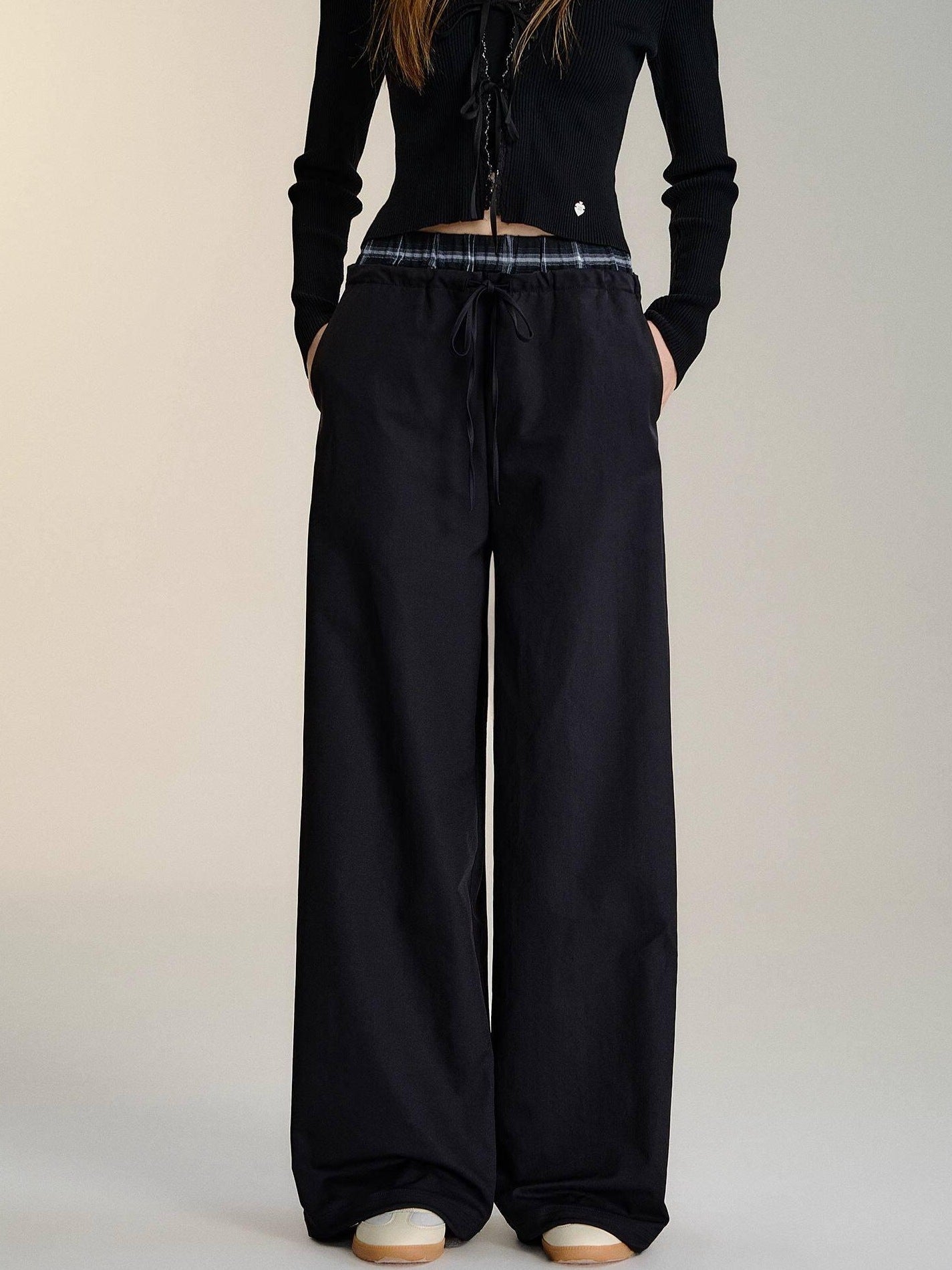 SOMESOWE Minimalist Double Waist Drawstring Natural Waist Office Women Wide Leg Pants