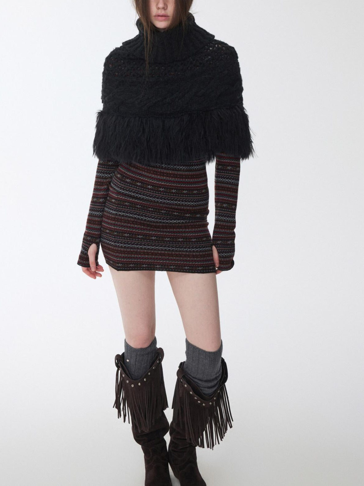 1JINN STUDIO Fringe Polka Dot Cropped High Neck Long Sleeve Women Knitwear Sweaters