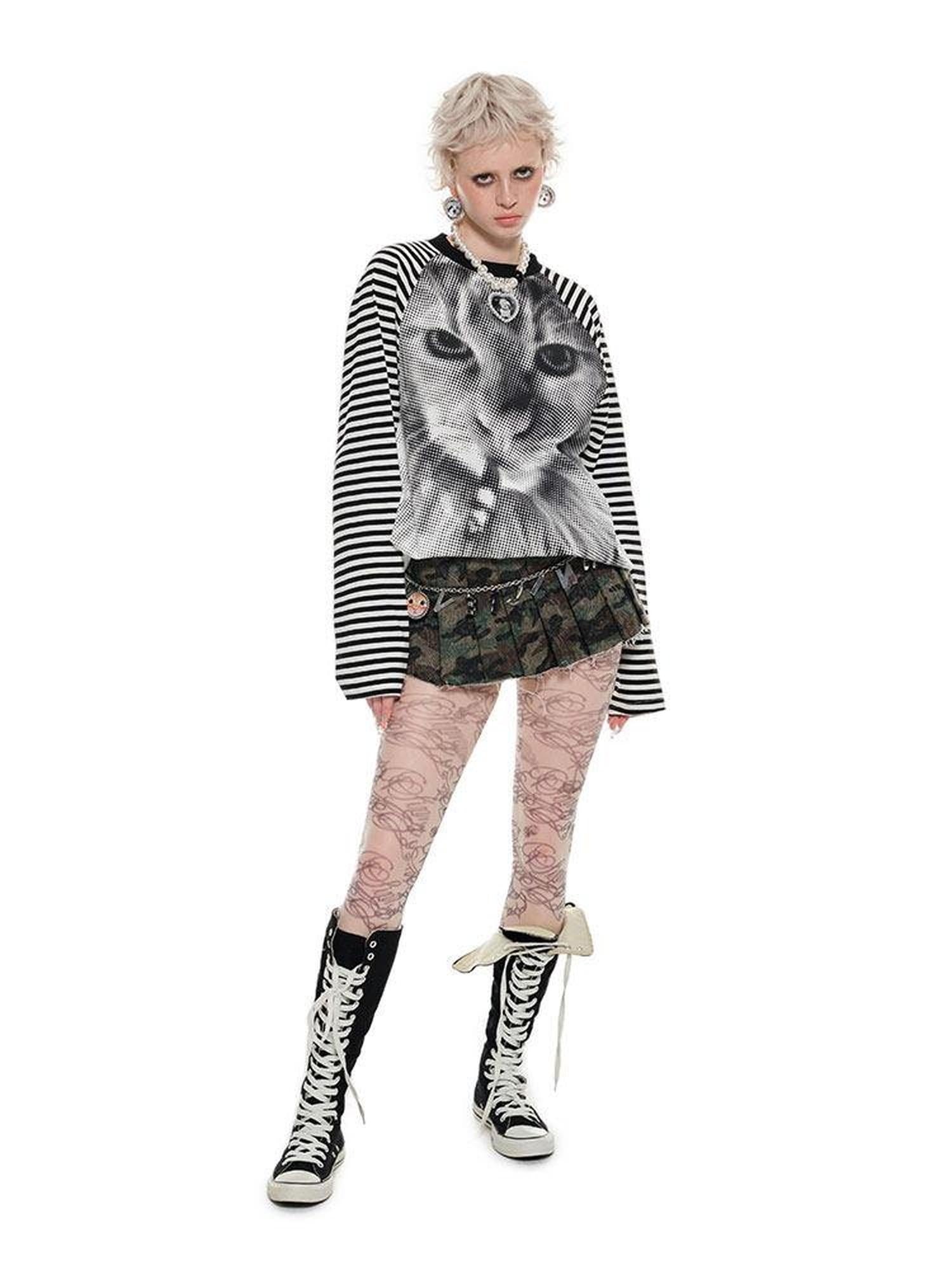 1JINN STUDIO Low Waist Pleated A Line Patchwork Camo Streetwear Women Mini Skirts