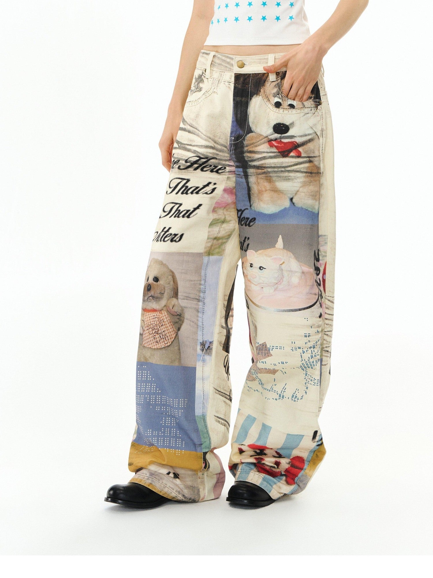 DeleteEx Cotton Washed Print Loose Natural Waist Zipper Wide Leg Jeans