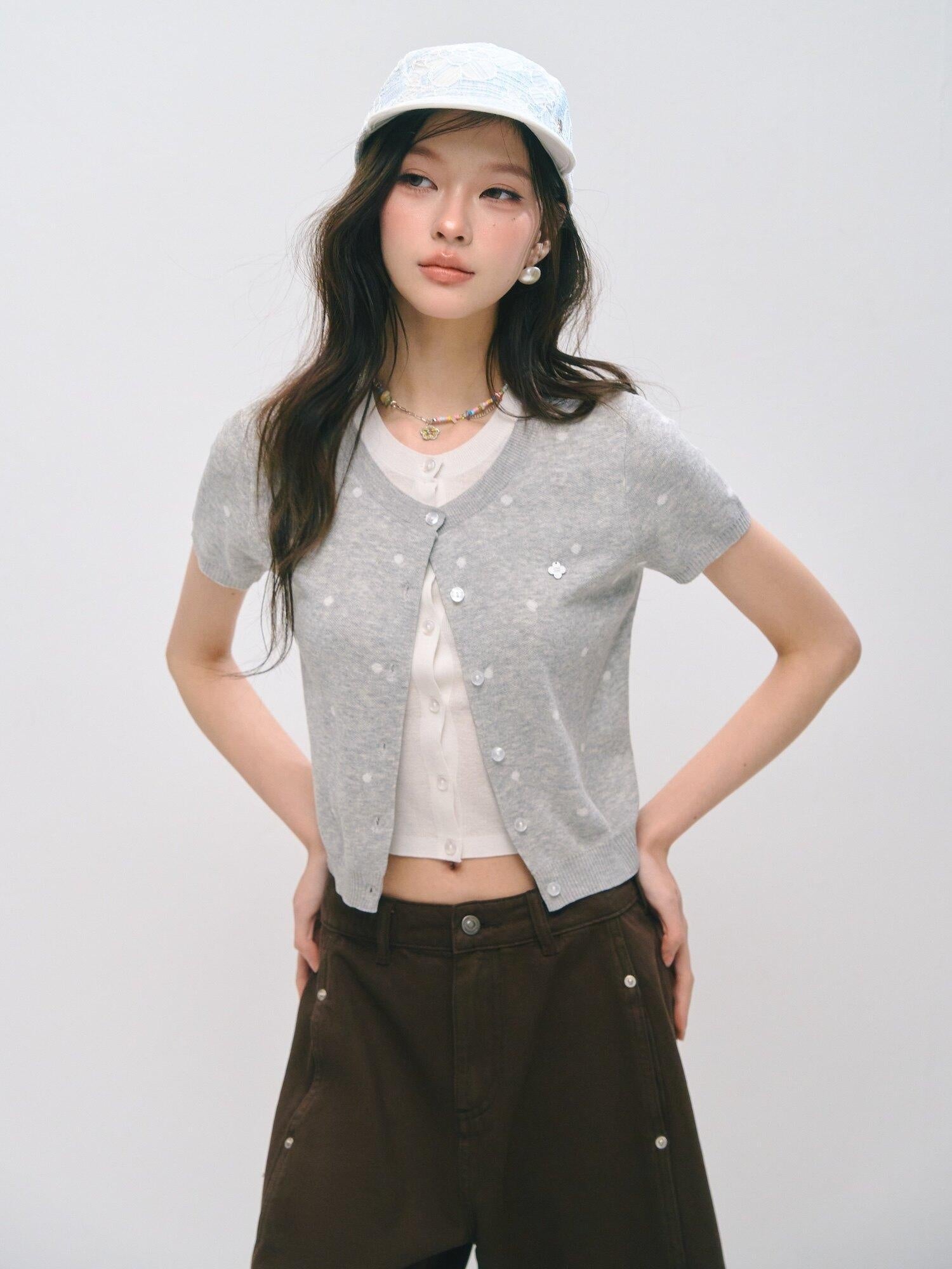 SOMESOWE Polka Dot Knitted Casual Short Sleeve Two Piece Women T Shirt Basic Crop Tops