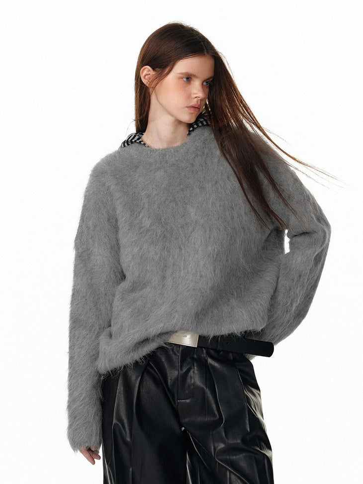 ALINNVSTUDIO Warm Thermal Pullover Loose Fit Crew Neck Office Solid Knit Gray Sweaters