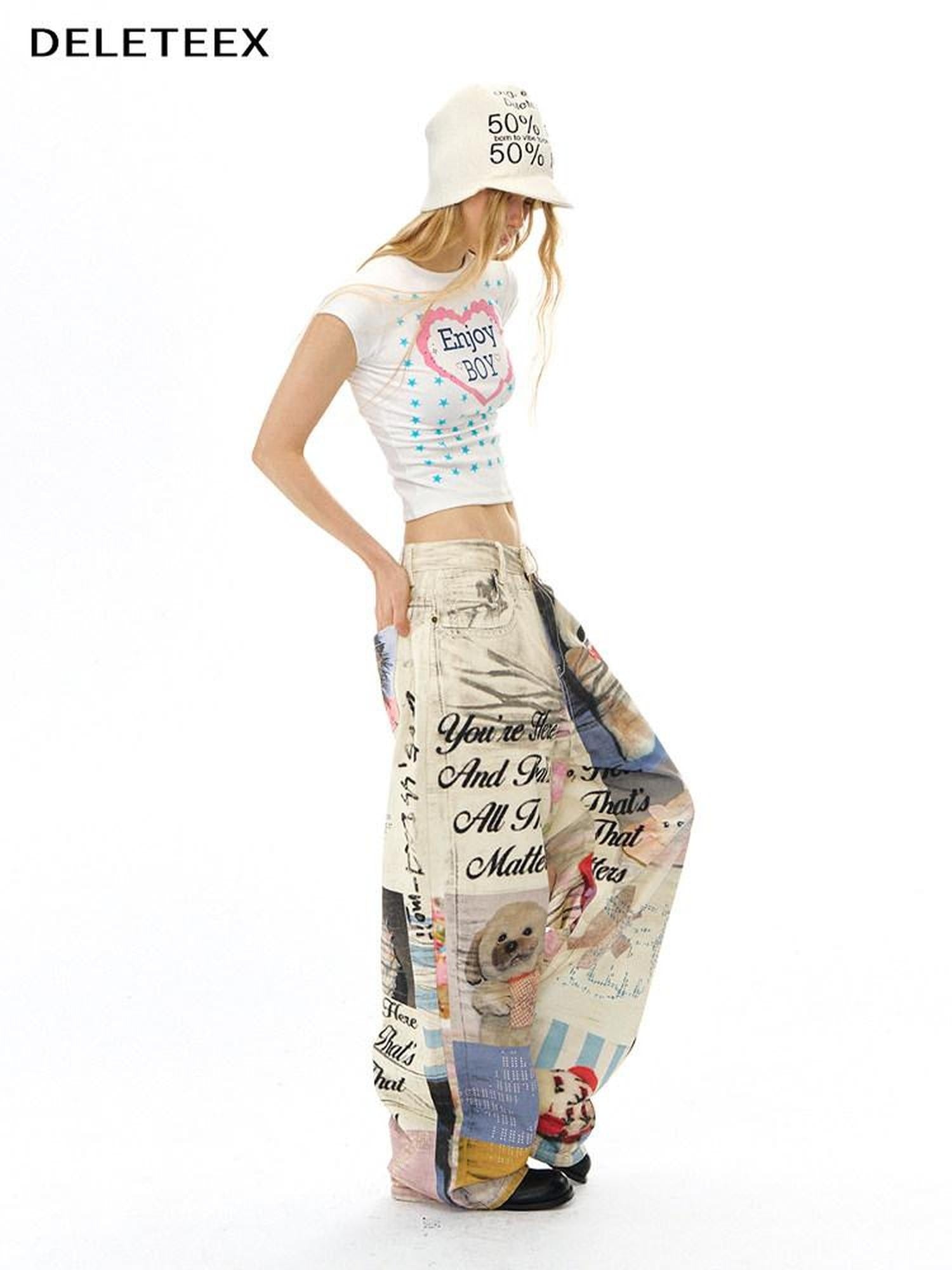 DeleteEx Cute Printed Slim Fit Round Neck Flutter Sleeve Cropped Ivory Basic Crop Tops