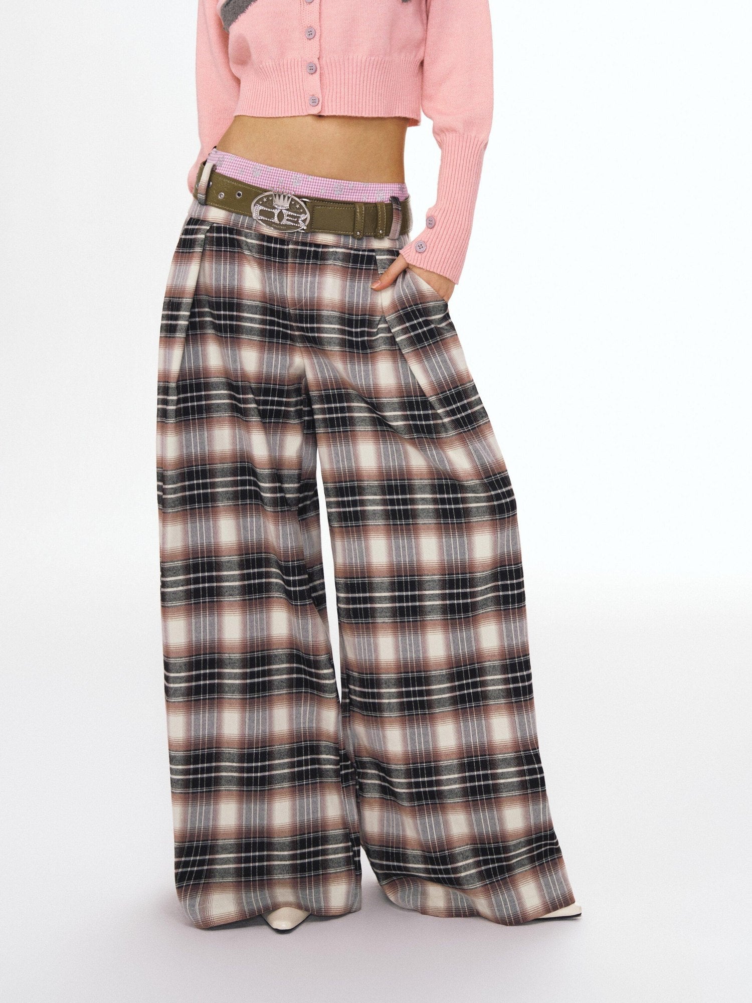 Double Waist Zipper Natural Waist Relaxed Plaid Polyester Stretch Wide Leg Pants