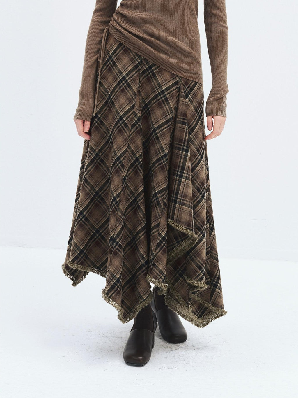 someonesometimes High Waist Vintage Irregular Hem Loose Fit Olive Check Casual Women Maxi Skirts