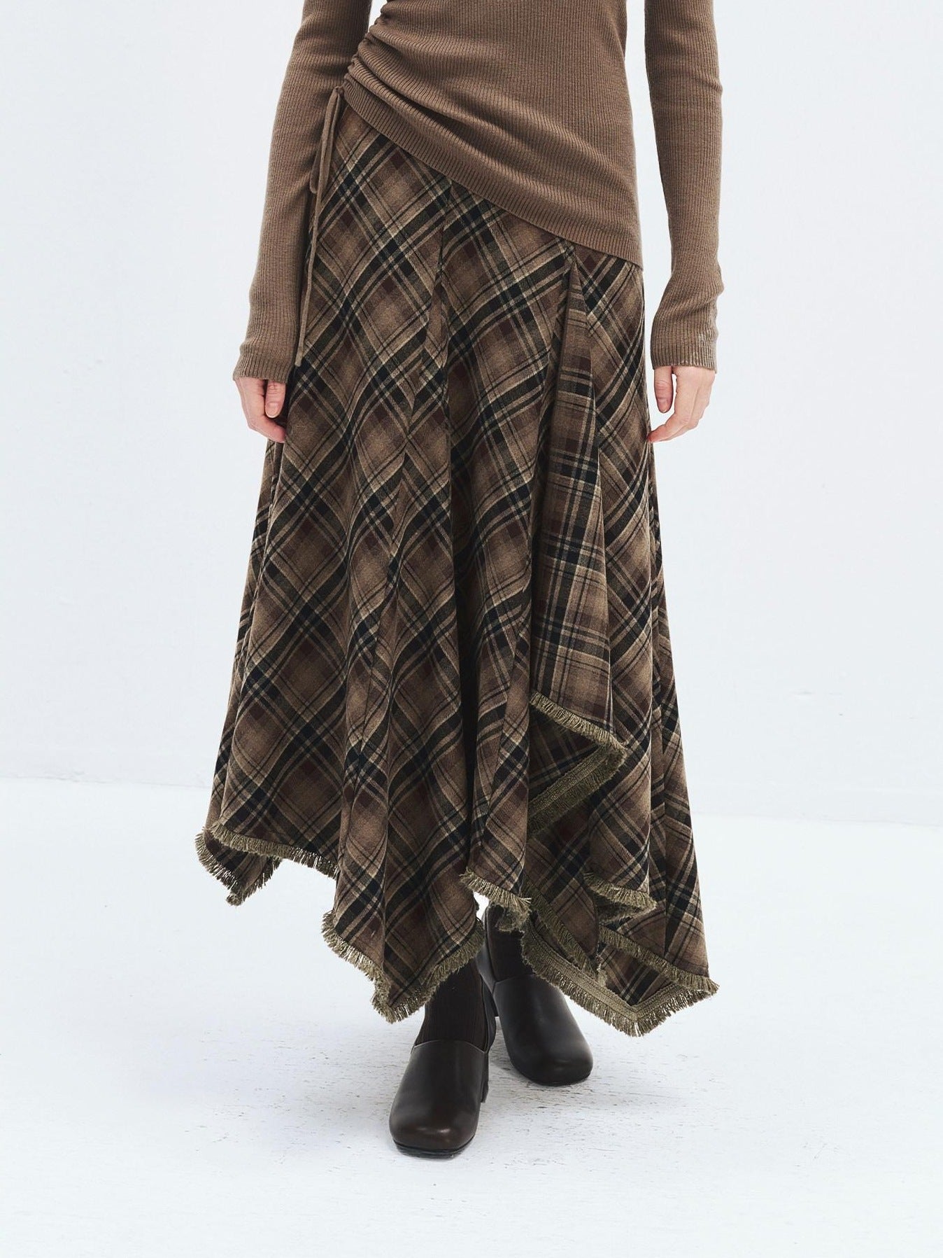 someonesometimes High Waist Vintage Irregular Hem Loose Fit Olive Check Casual Women Maxi Skirts