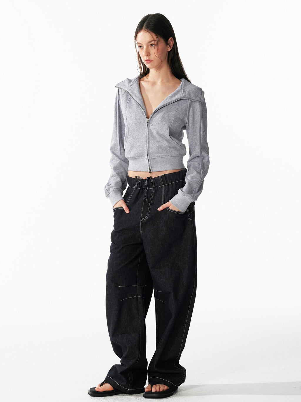 ALINNVSTUDIO Relaxed Fit Cotton Natural Waist Topstitch Deep Indigo Women Wide Leg Jeans