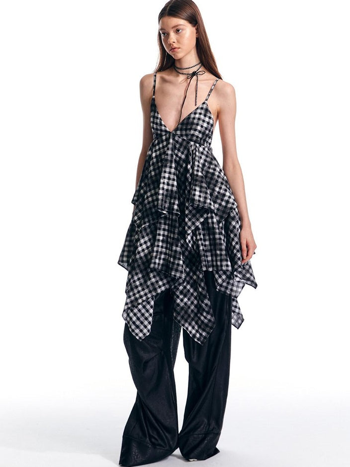 ALINNVSTUDIO Plaid Strappy Polyester Sweet Spicy Sleeveless Youth City Commute Midi Dresses