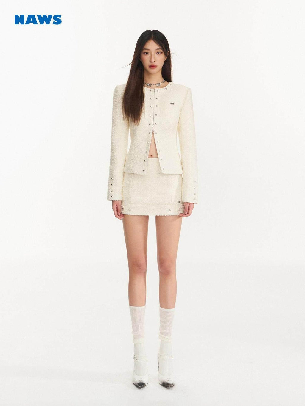 NAWSNOTAWEAR Wool Blend Two Piece Set Long Sleeve Round Neck Women Pearl White Mini Skirts