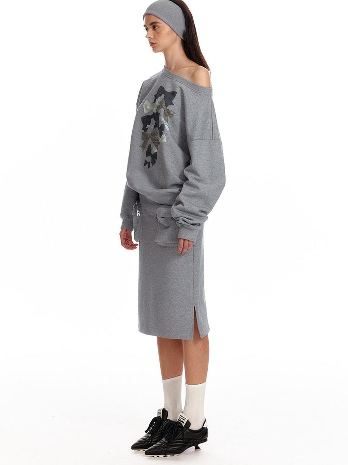 ALINNVSTUDIO Bow Accent Loose Fit Office Round Neck Women White And Gray Sweatshirt