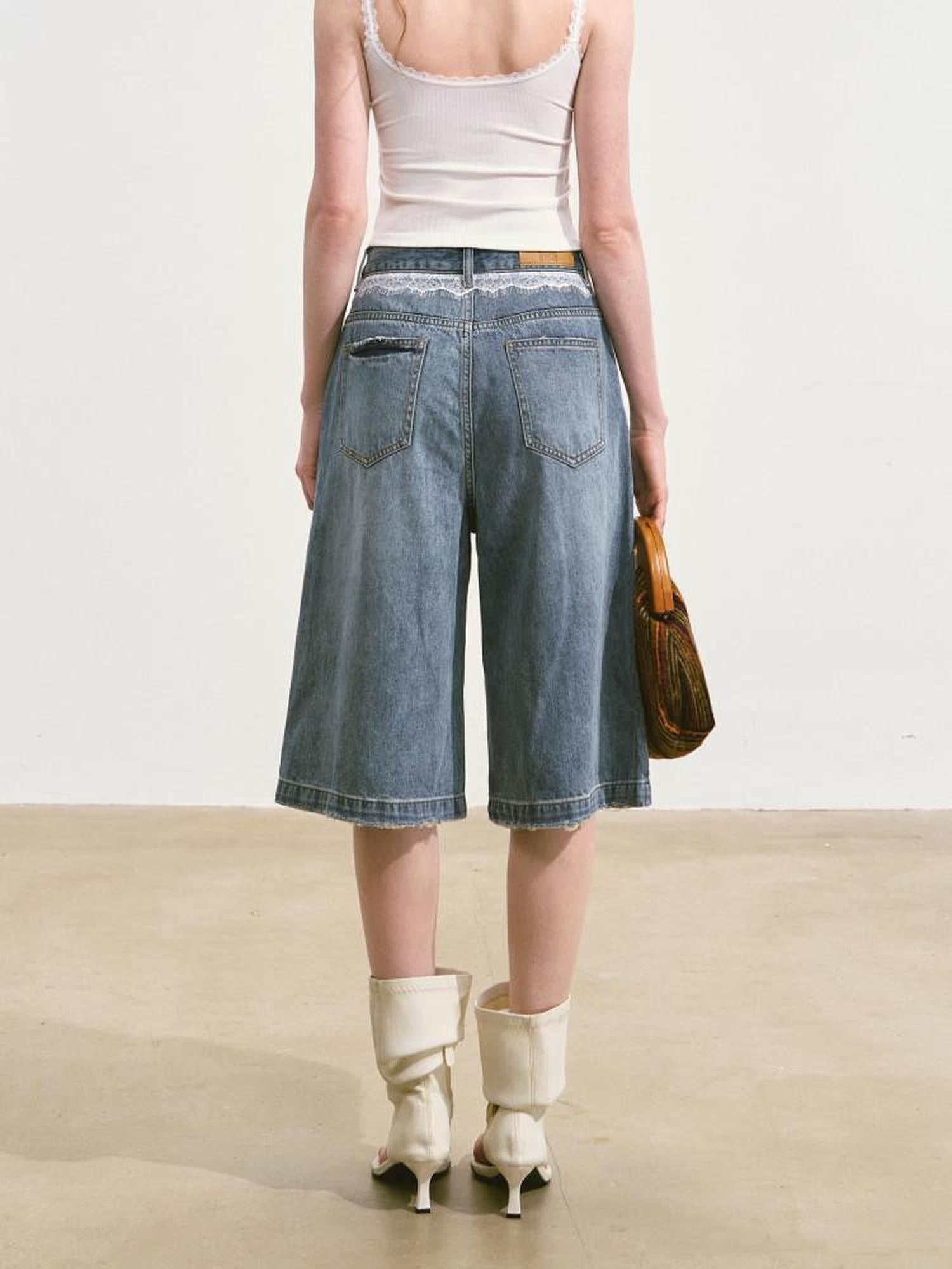 SOMESOWE Soft Washed Cotton Stretch Casual Straight Natural Waist Women Blue Denim Shorts