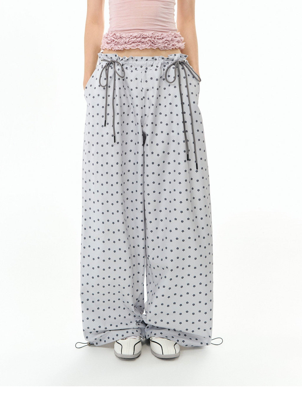 DeleteEx Soft 100 Percent Polyester Silver Gray Print Flowy Casual Wide Leg Pants