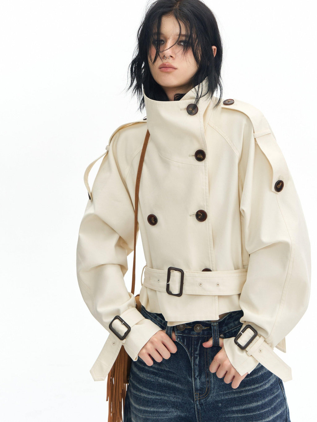 DeleteEx Cotton Blend Stand Collar Short Double Breasted London Off White Trench Coats