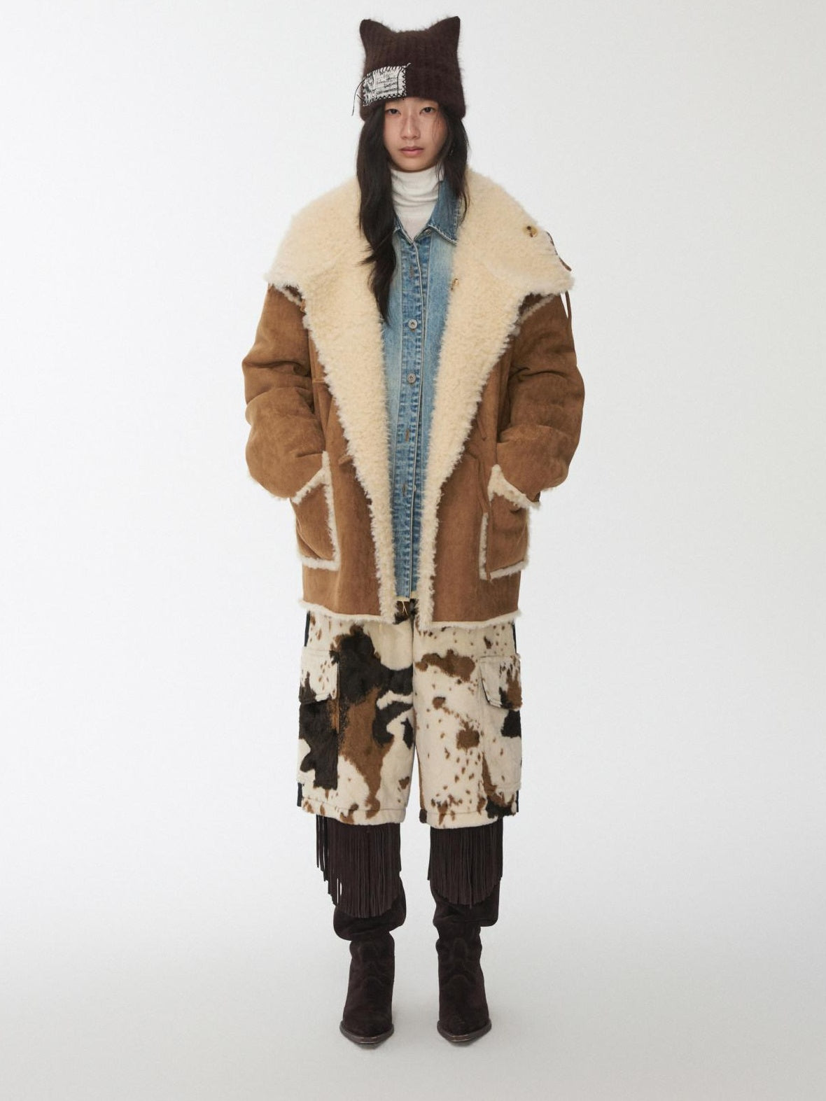 1JINN STUDIO Reversible Vintage Stand Collar Short Button Womens Chic Faux Fur Coats