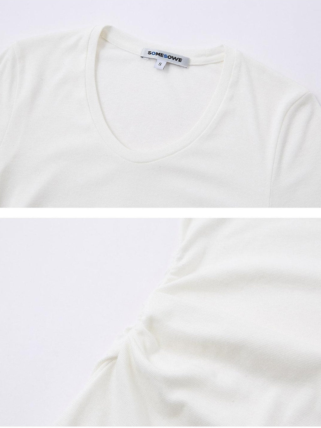 SOMESOWE Viscose Shirred Casual Loose Womens Round Neck White Long Sleeve T-Shirts