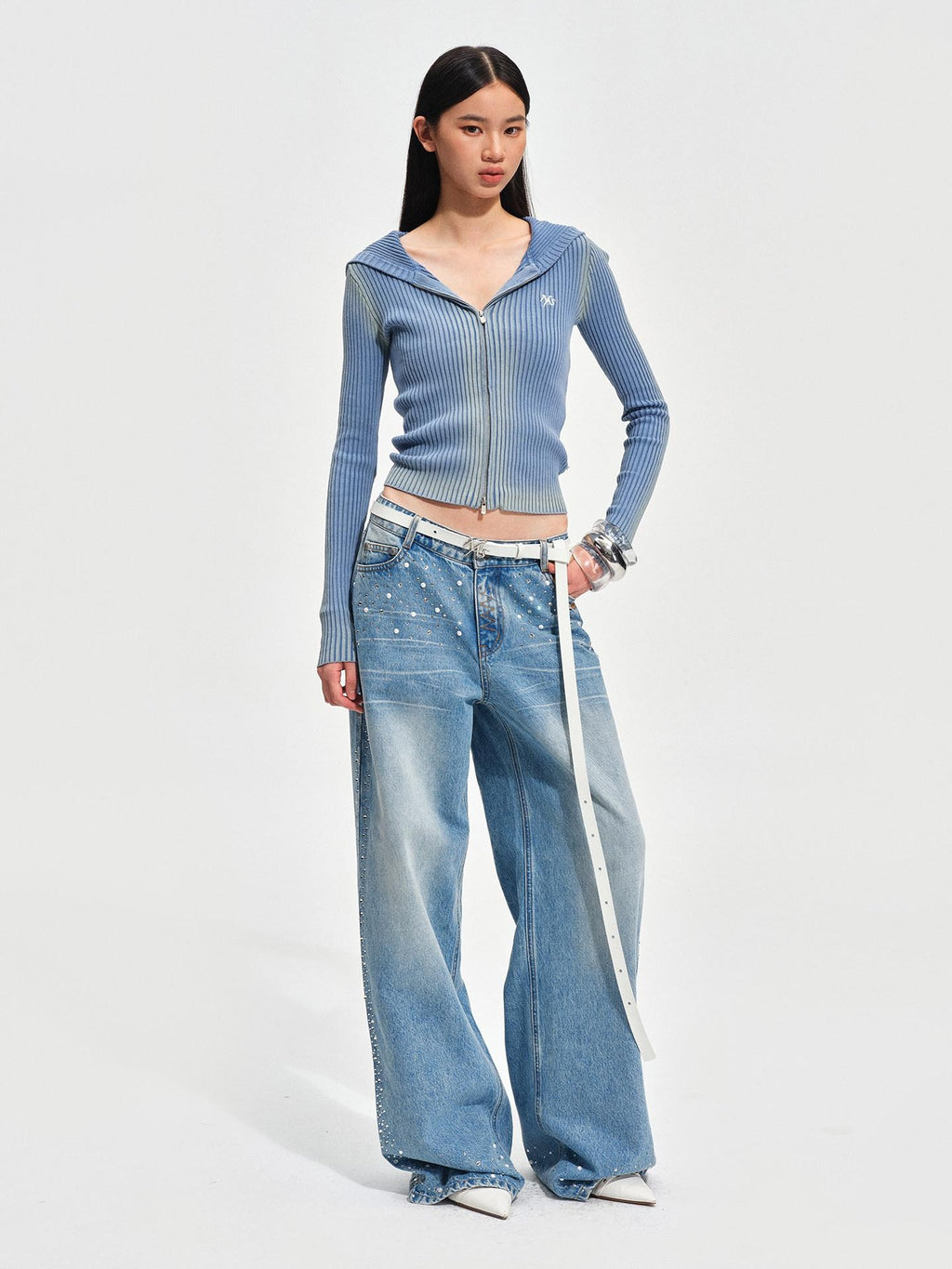 NAWSNOTAWEAR Rhinestone Embellished Vintage Low Waist Glacier Blue Wide Leg Jeans