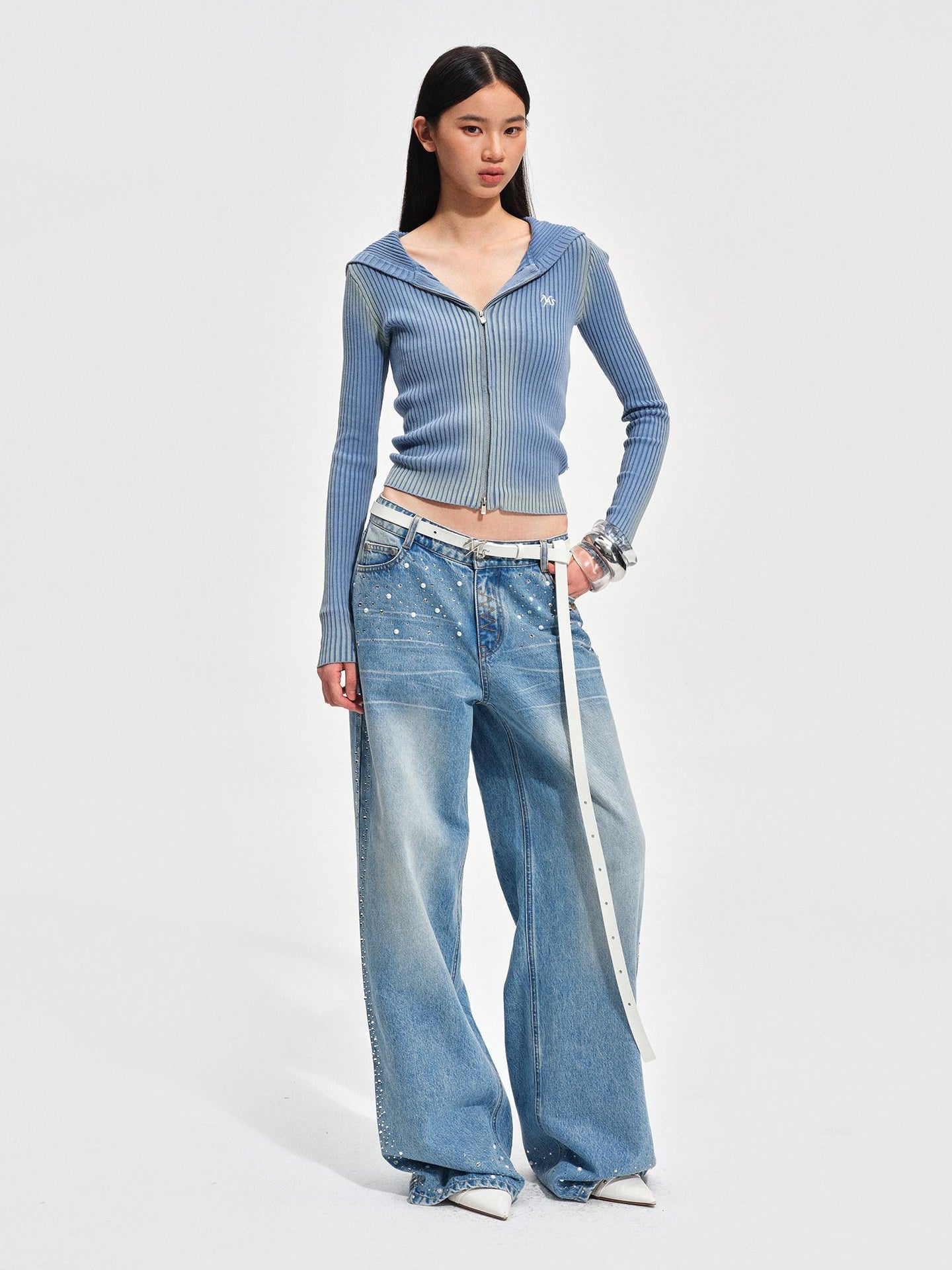 NAWSNOTAWEAR Rhinestone Embellished Vintage Low Waist Glacier Blue Wide Leg Jeans