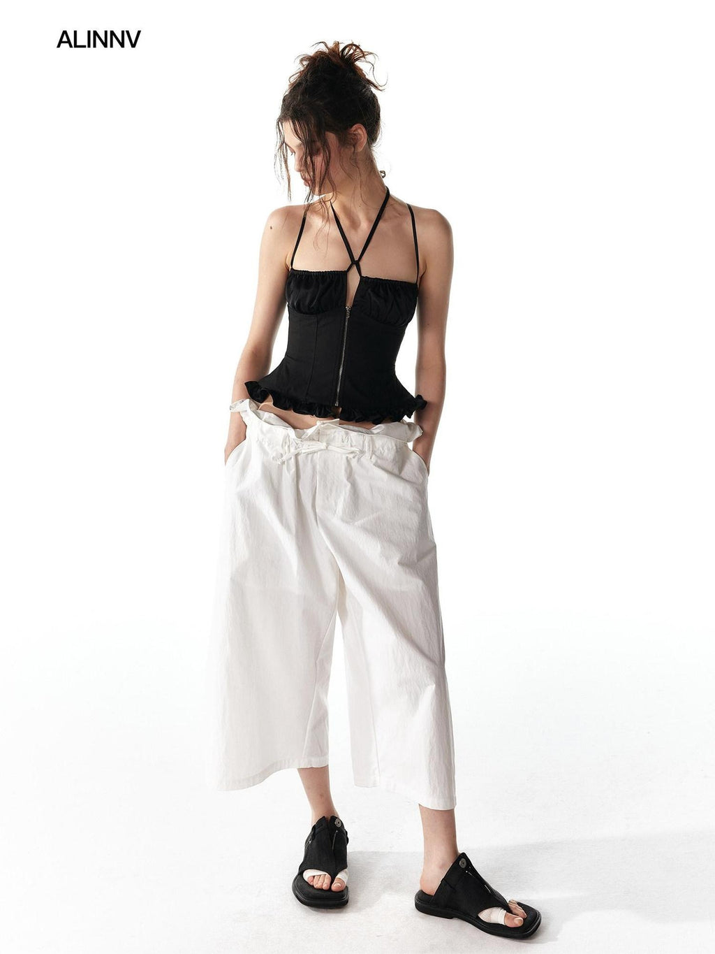 ALINNVSTUDIO Front Zipper Original Slim Fit Crop Strap Top Black Acetate Camisoles