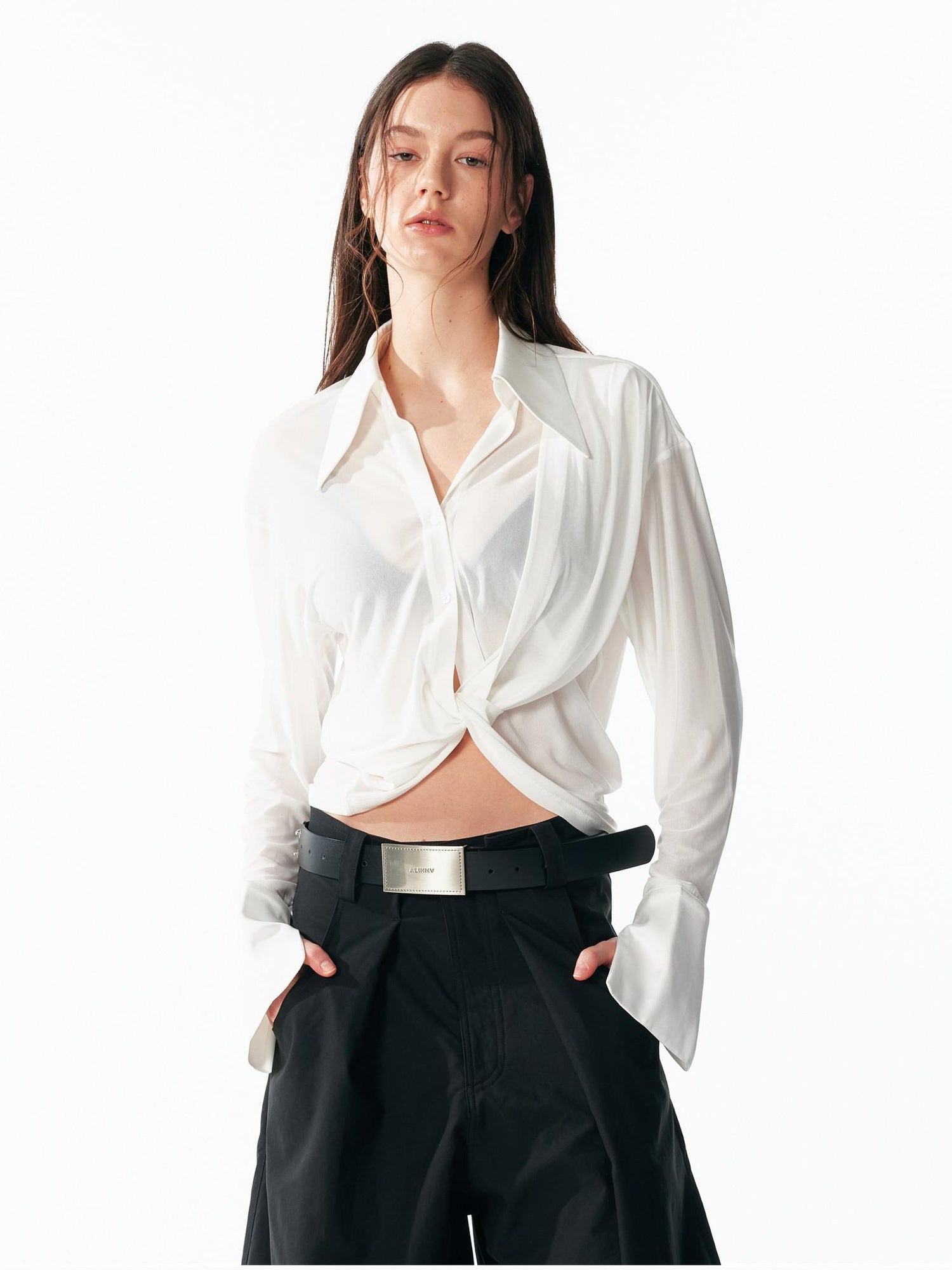 ALINNVSTUDIO Cooling Lightweight Breathable Asymmetric V-neck Slim Fit Open Front Women Blouses