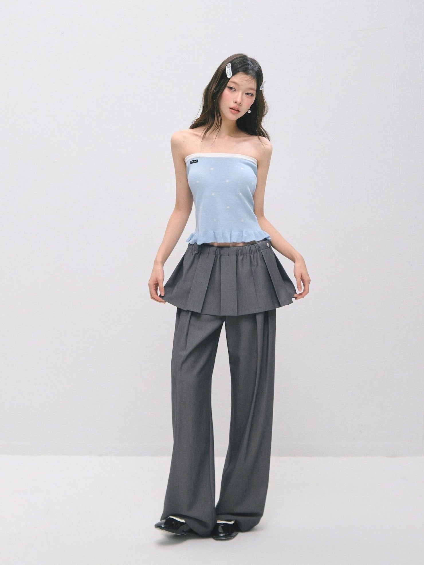 SOMESOWE Ruffle Collared Cardigan Long Sleeve Loose Fit Women Blue Top & Skirt Sets