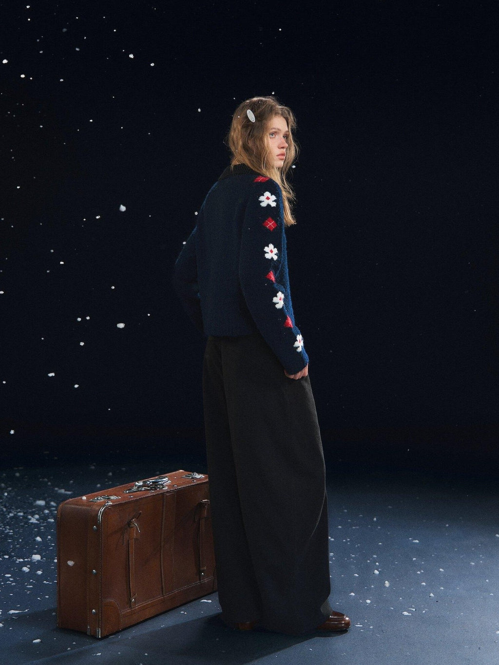 SOMESOWE Floral Embroidered Vintage Lapel Button Navy Long Sleeve Casual Women Cardigans