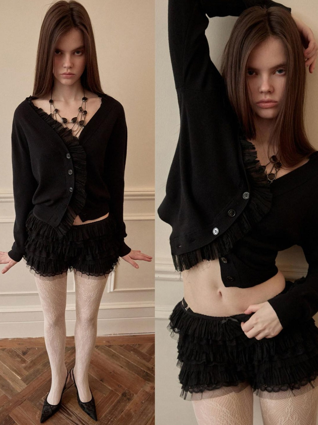 1JINN STUDIO Lace Trim Cropped Button Knit Long Sleeve Women Wool Blend Cardigans