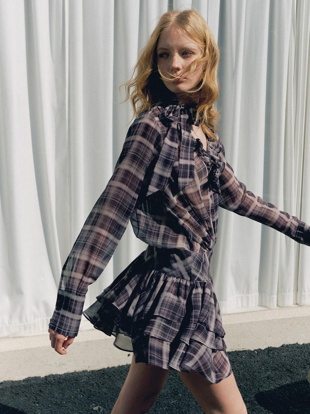 DeleteEx Chic Vintage Asymmetrical V-neck Slim Long Sleeve Plaid Citywalk Mini Dresses