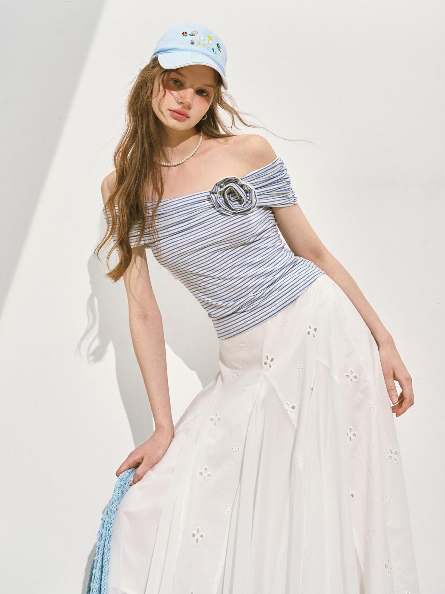 SOMESOWE Stretch Cotton Slim Cropped Bardot Blue White Striped Short Sleeve T-Shirts