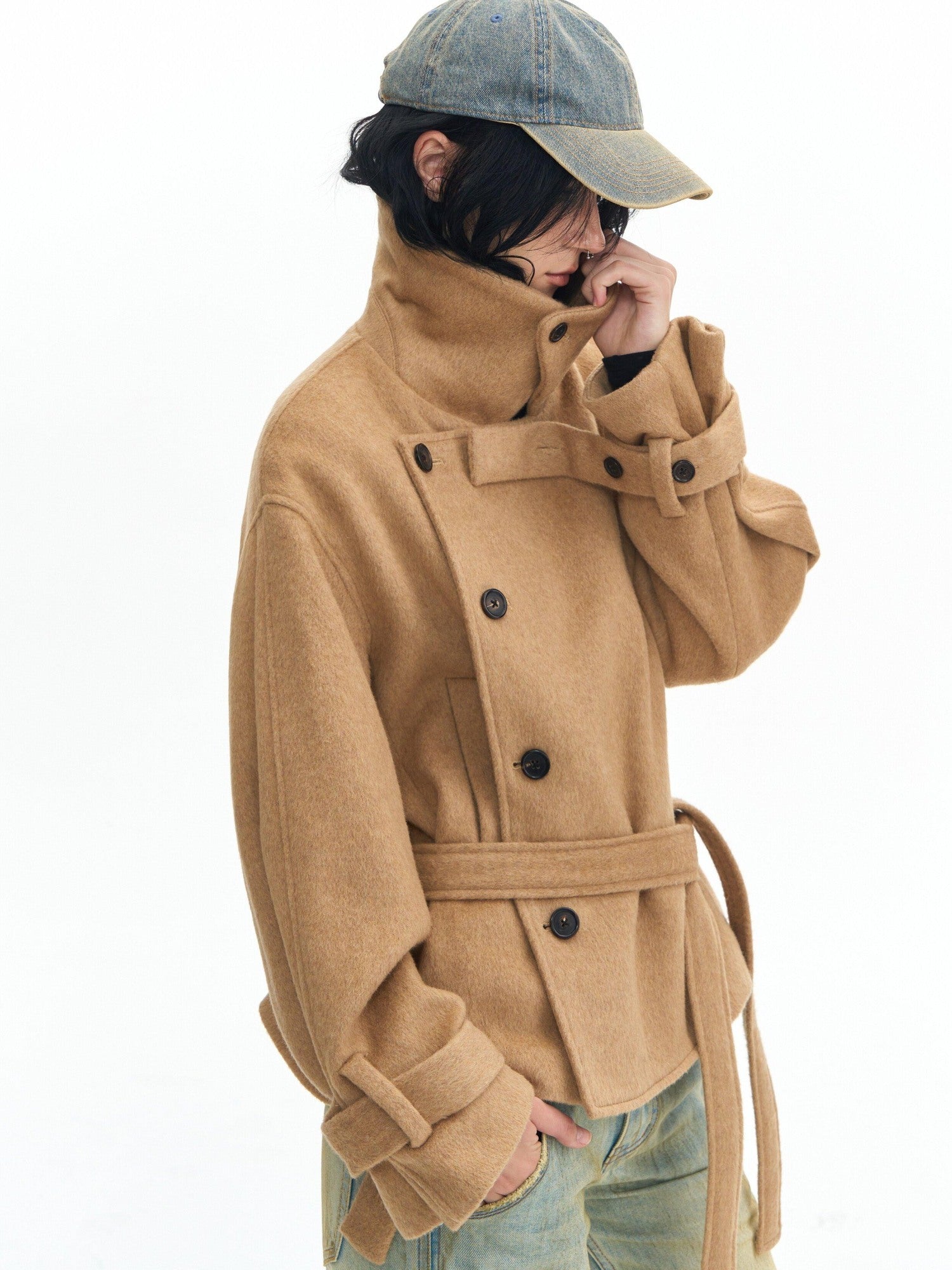 DeleteEx Thick Half Wool Blend American Cropped Lapel Young Women Khaki Wool Coats
