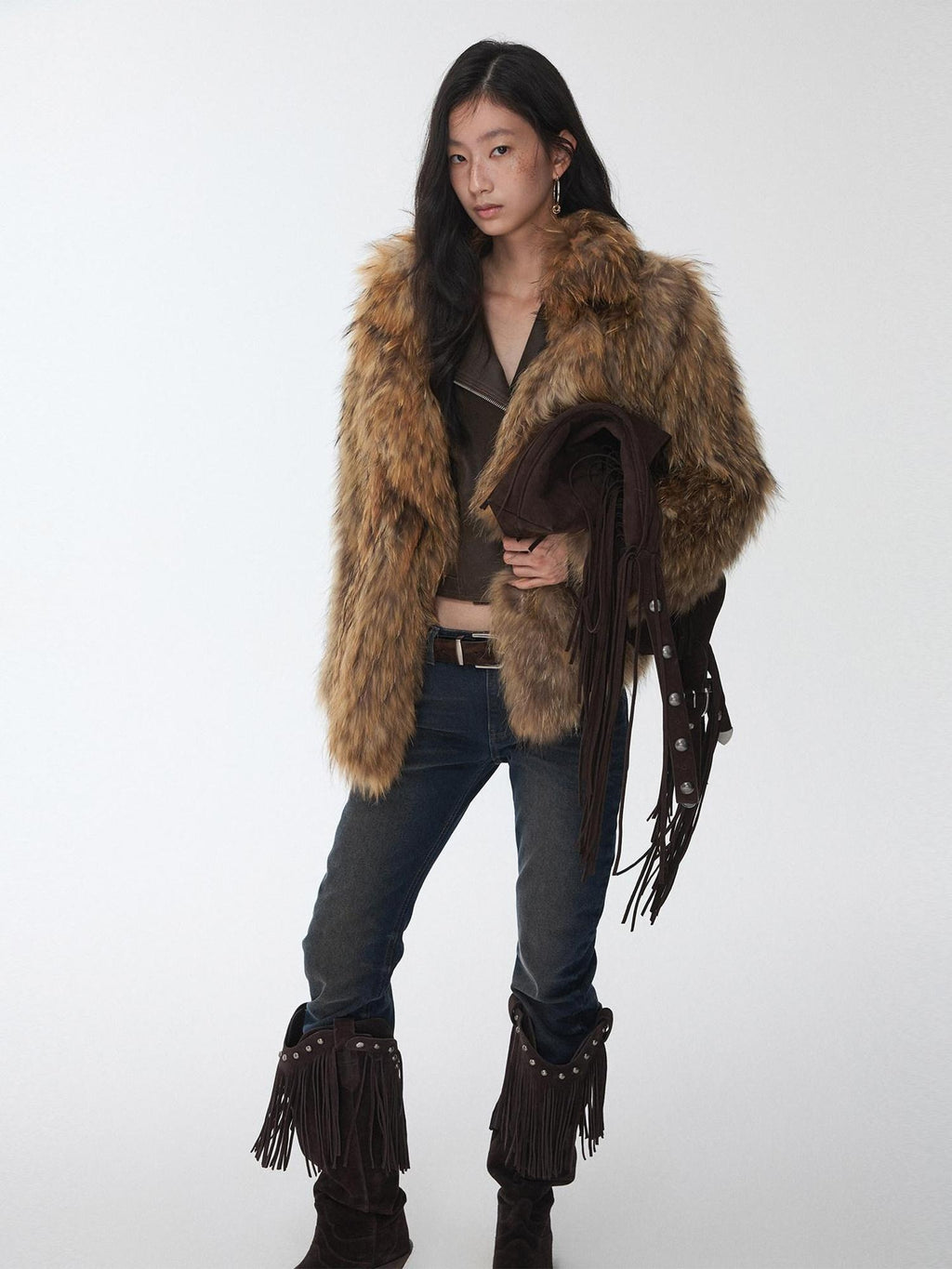 1JINN STUDIO Cozy Woven Cropped Cinched Waist Lapel Long Sleeve Young Women Faux Fur Coats