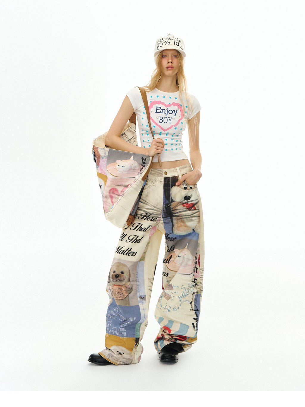 DeleteEx Cute Printed Slim Fit Round Neck Flutter Sleeve Cropped Ivory Basic Crop Tops