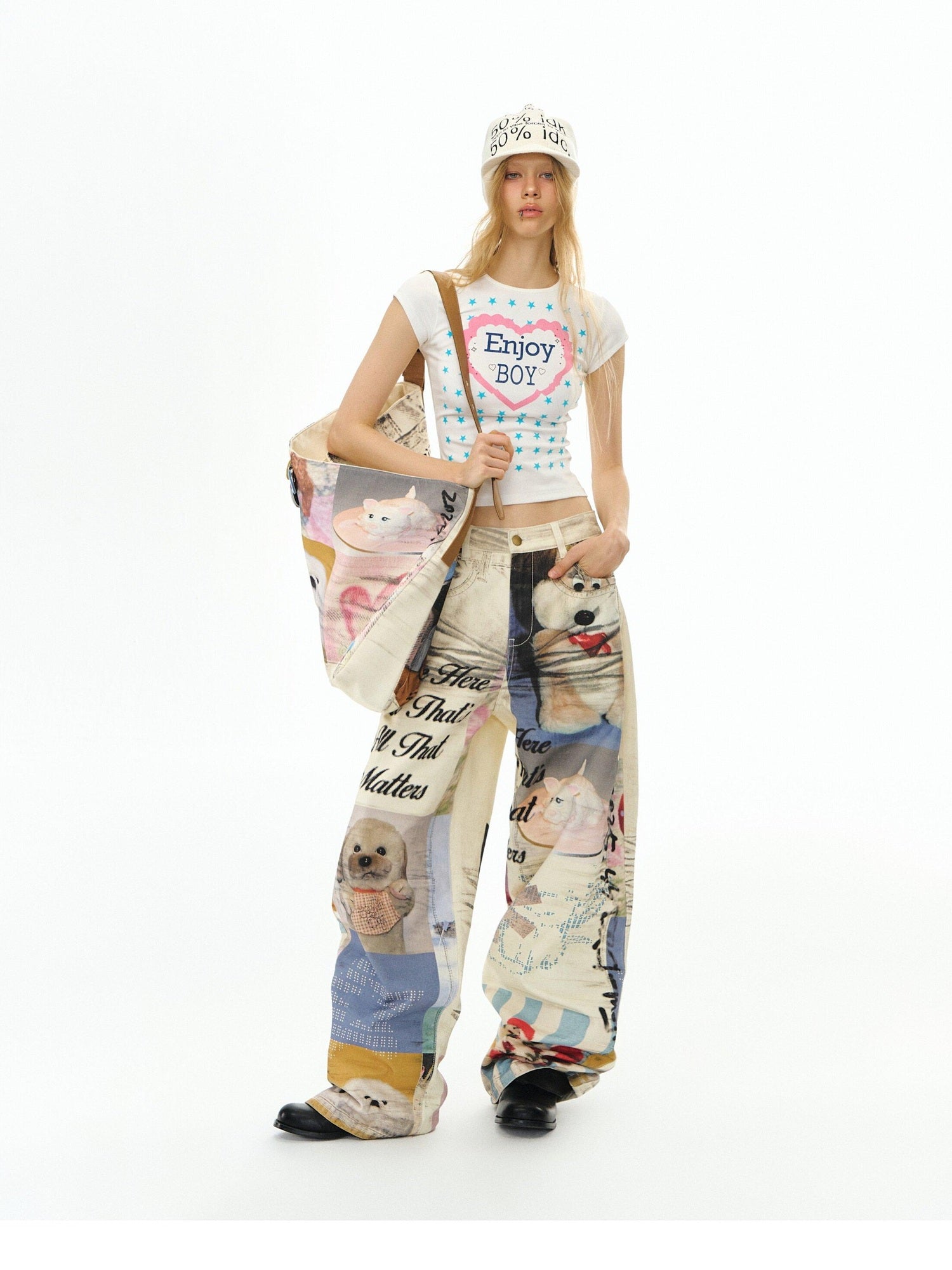 DeleteEx Cute Printed Slim Fit Round Neck Flutter Sleeve Cropped Ivory Basic Crop Tops