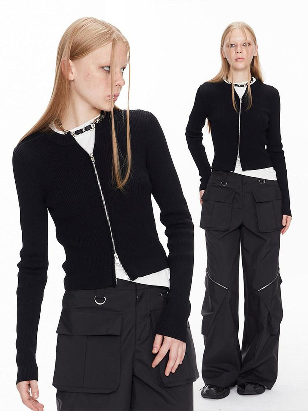 ALINNVSTUDIO Double Zipper Solid Knit Low Scoop Neck Office Casual Long Sleeve Cardigans