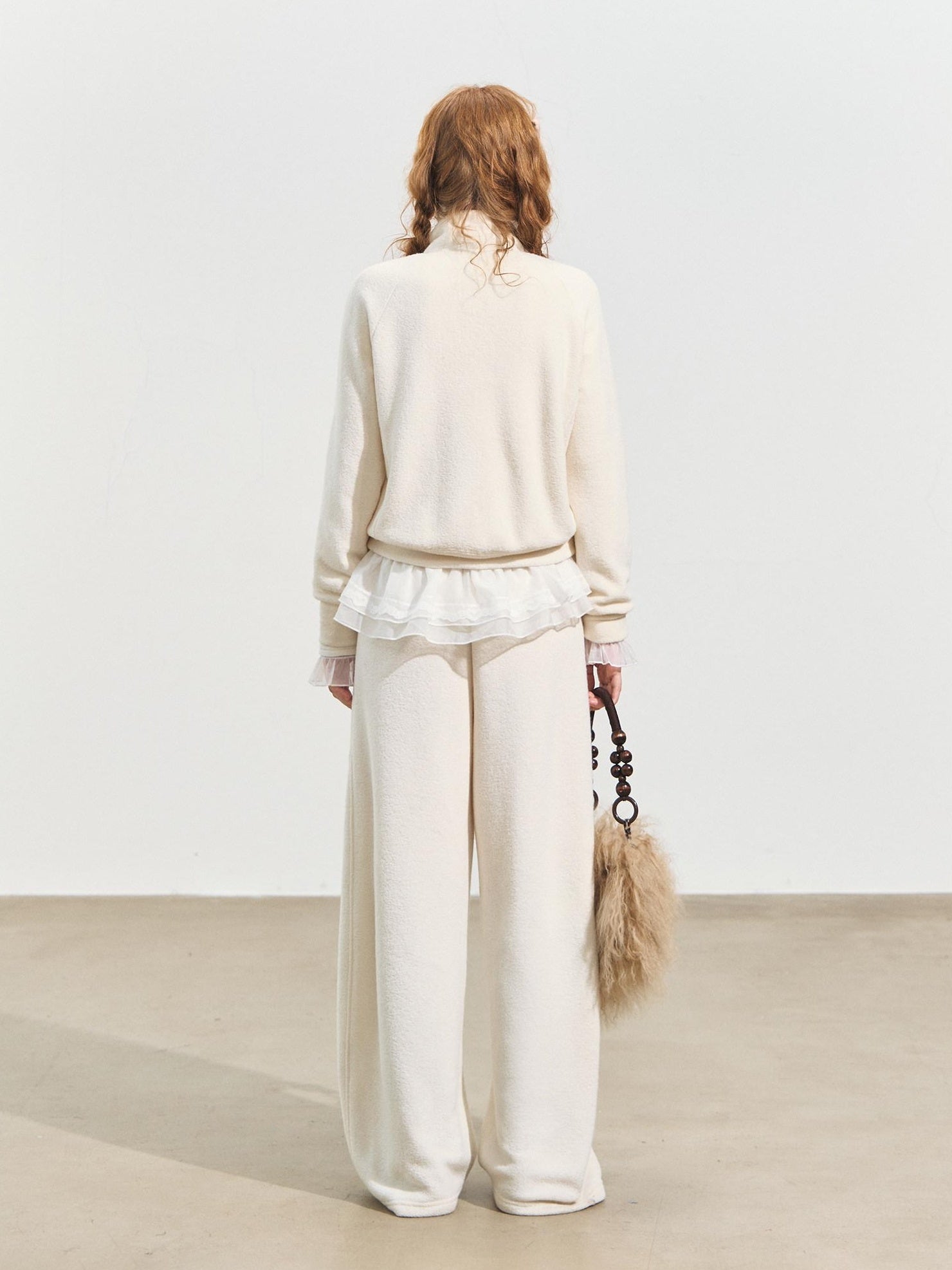 SOMESOWE Cropped Stand Collar Sweatshirt Loose Sexy Women Cream Pants Top & Pants Sets