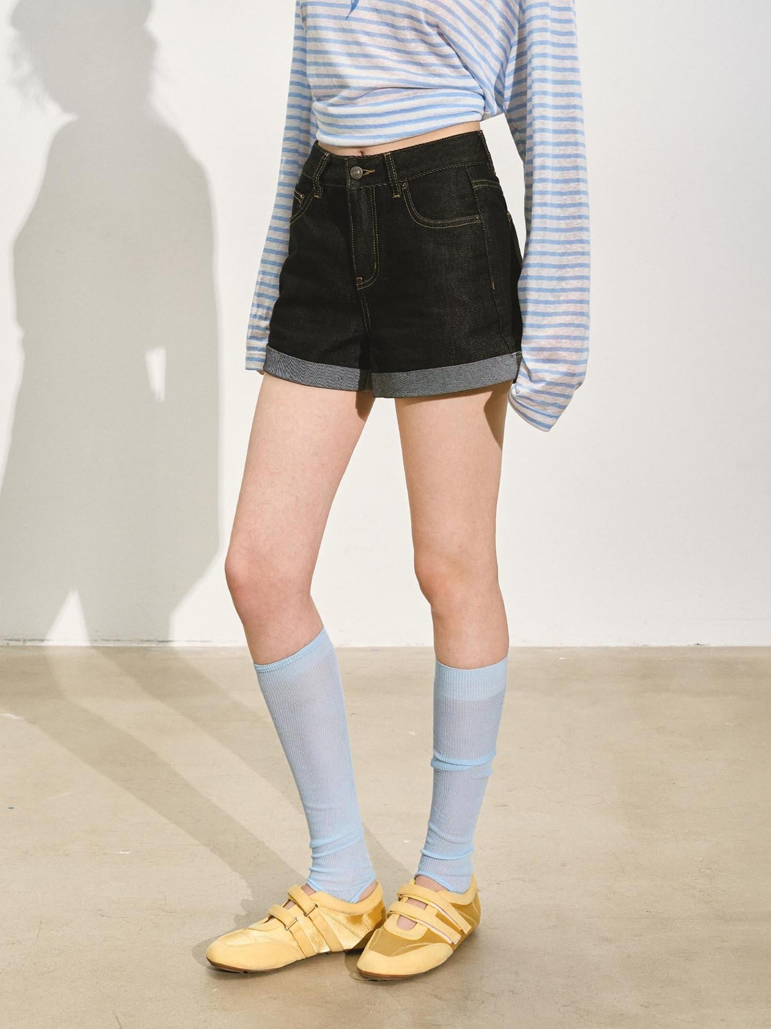 SOMESOWE Minimalist Straight Natural Waist Button Fly Deep Blue Stretch Denim Shorts