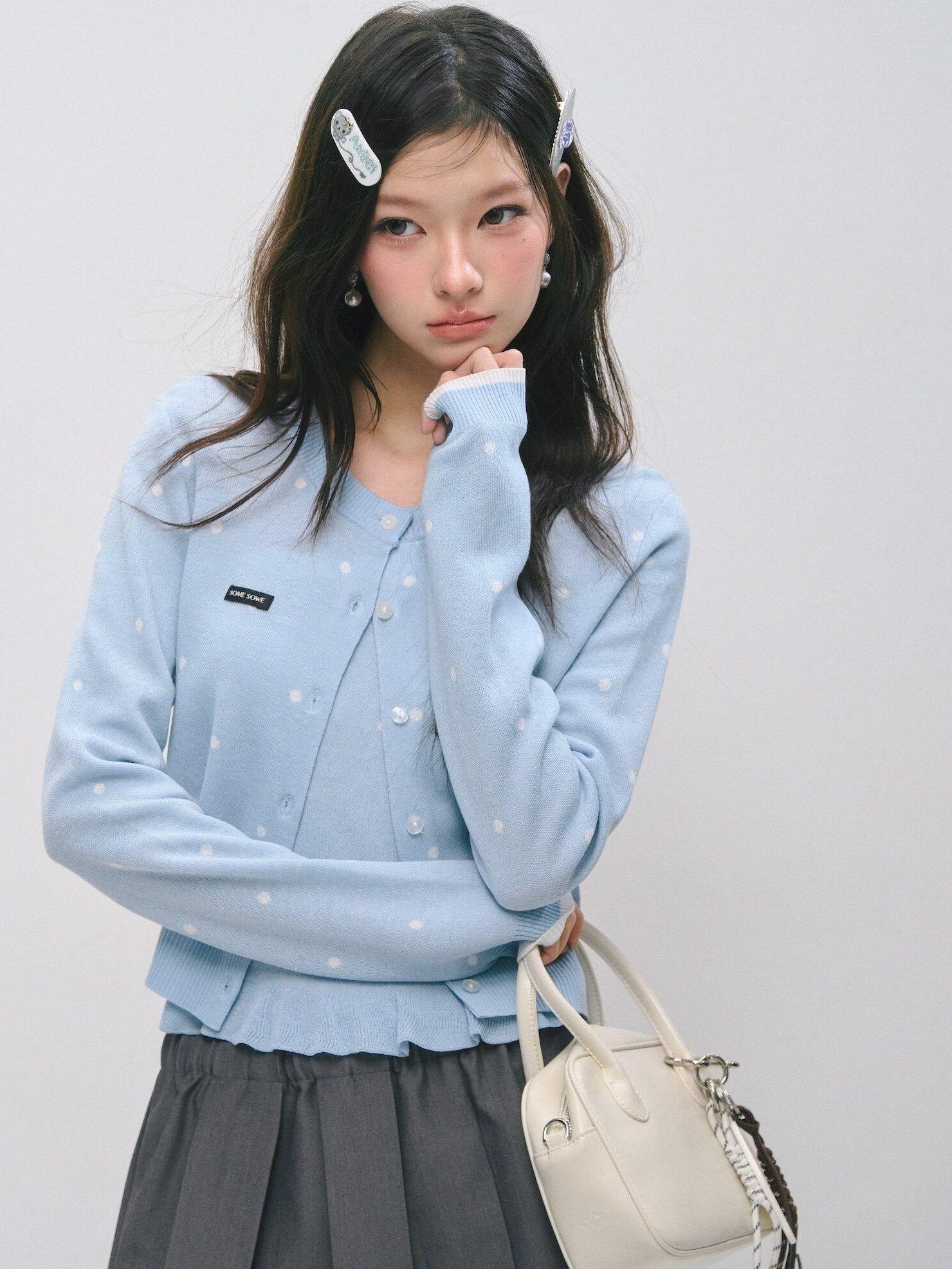 SOMESOWE Ruffle Collared Cardigan Long Sleeve Loose Fit Women Blue Top & Skirt Sets