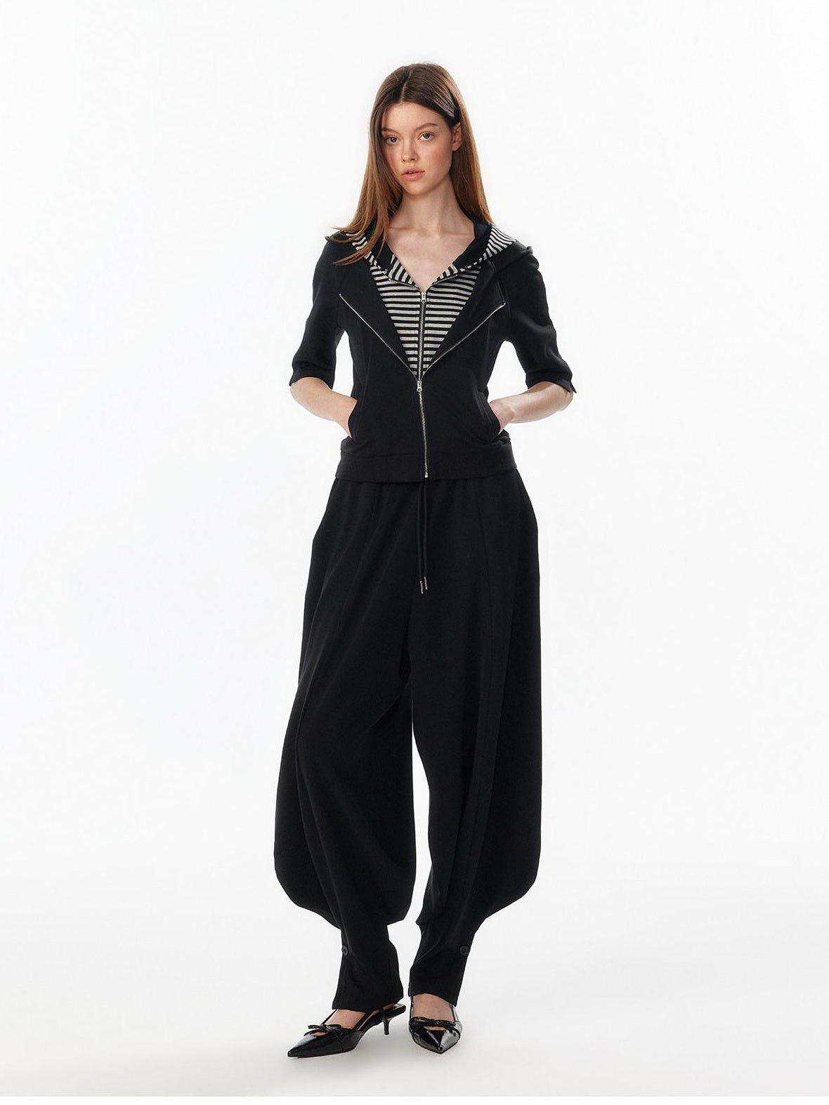 ALINNVSTUDIO Waist Slimming Cropped Zip Patchwork Raglan Hooded Pocket Ribbed Women Hoodie