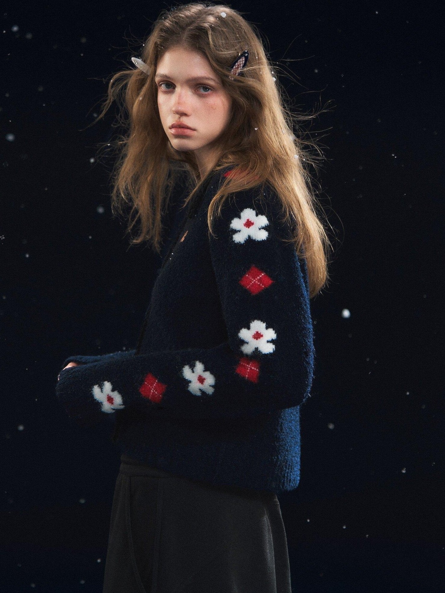 SOMESOWE Floral Embroidered Vintage Lapel Button Navy Long Sleeve Casual Women Cardigans