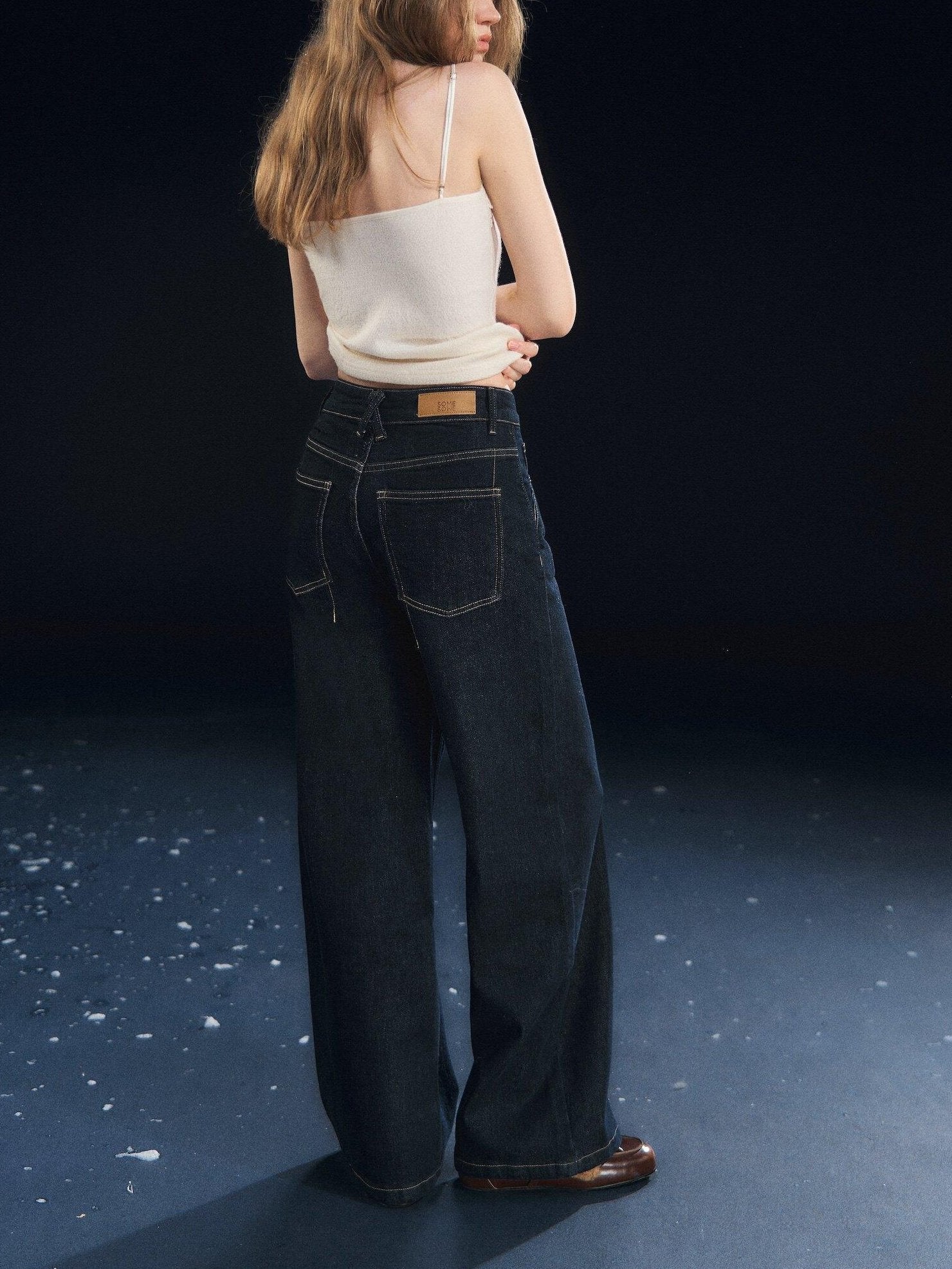 SOMESOWE High Rise Stretch Pleated Pocket Women Dark Cotton Denim Straight Leg Jeans