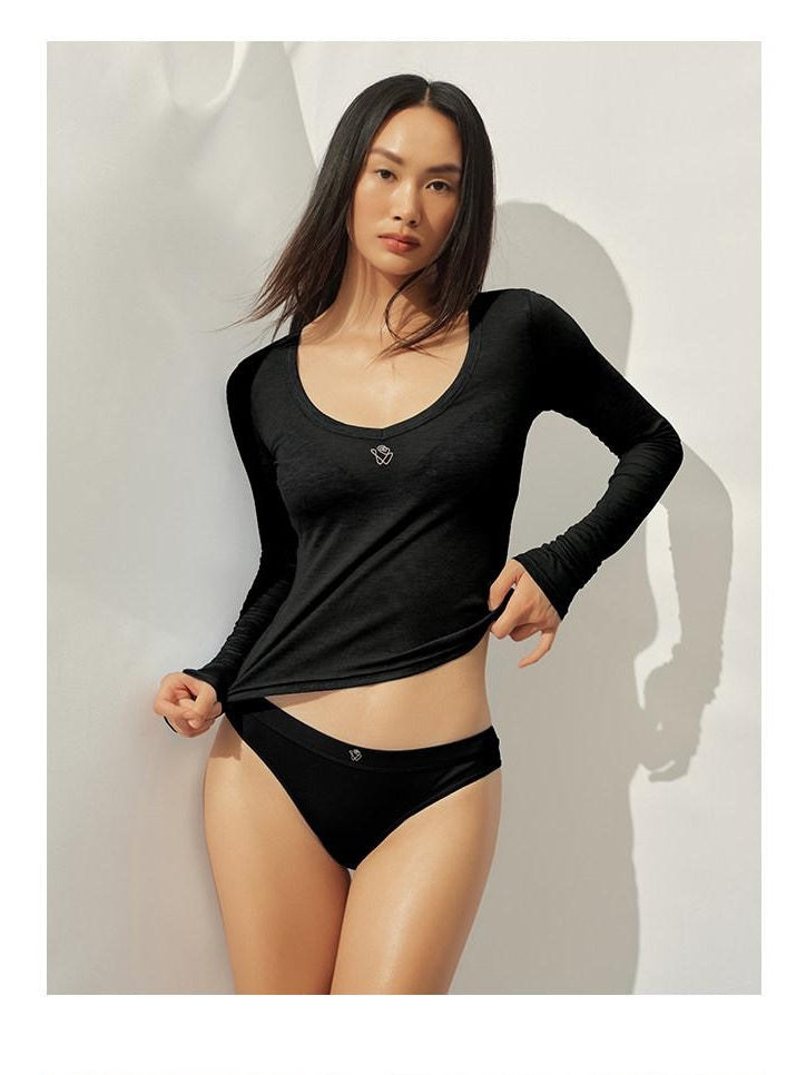 NAWSNOTAWEAR Light Lyocell Wool Blend Slim Cropped Crewneck Women Long Sleeve T-Shirts