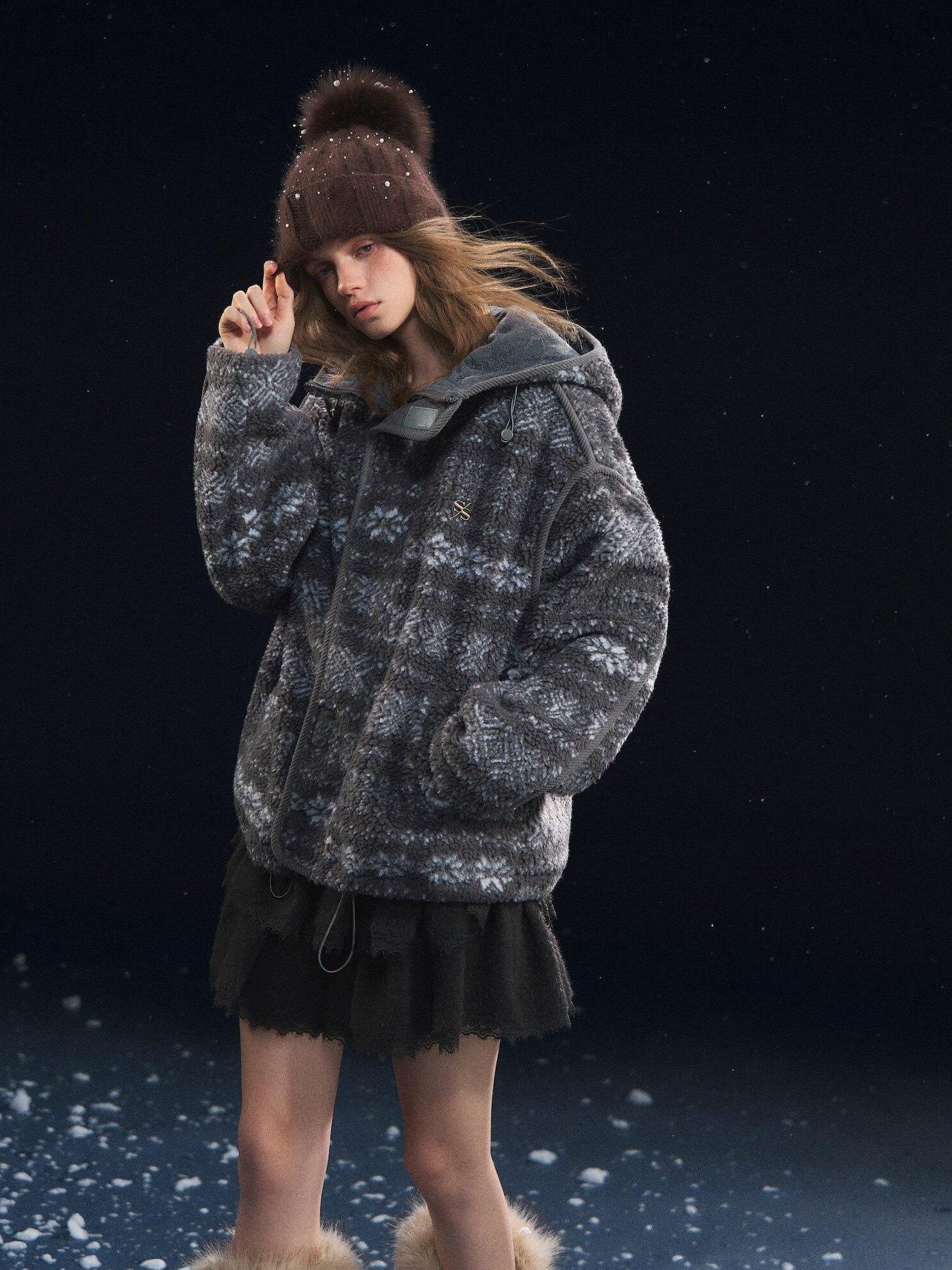 SOMESOWE Cozy Fleece Oversized Hooded Women Outdoor Zip Geometric Gray Jackets