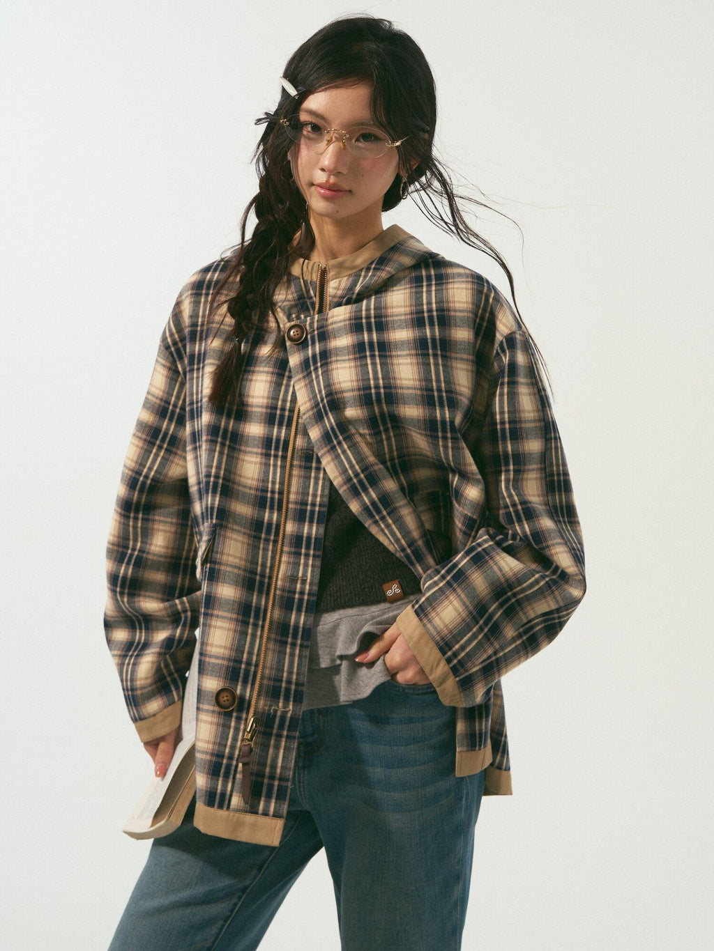 SOMESOWE Versatile Hooded Mid Length Loose Fit Women Plaid Polyester Jackets