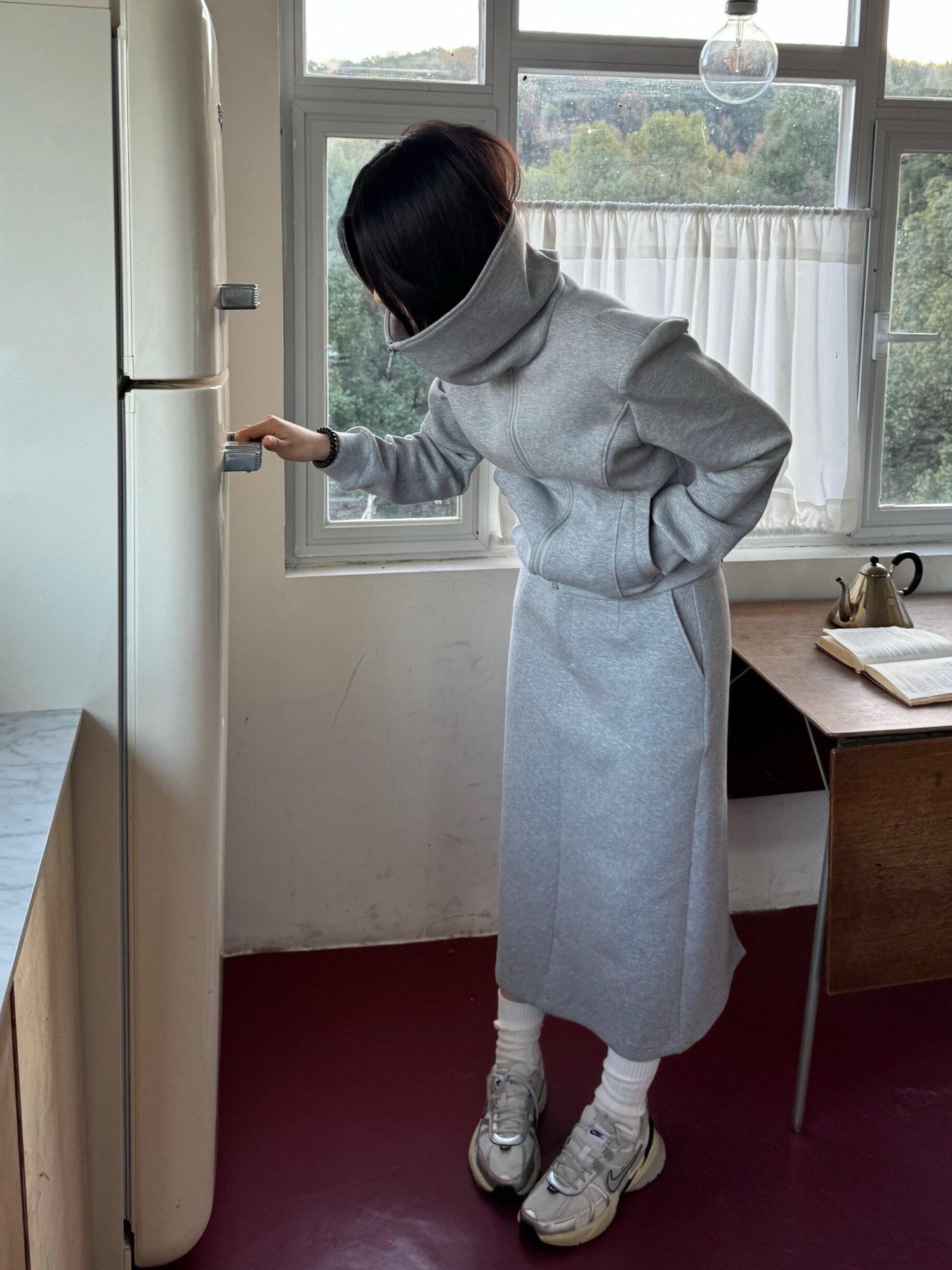 BUZHOU Zip Stand Collar Long Sleeve Stretch Cotton Commuter Grey Women Top & Skirt Sets