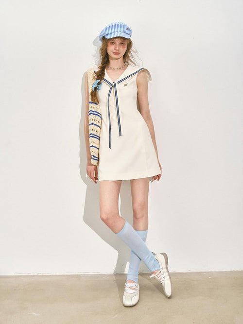 SOMESOWE Chic Sleeveless A Line Preppy Navy Collar Casual Polyester Mini Dresses