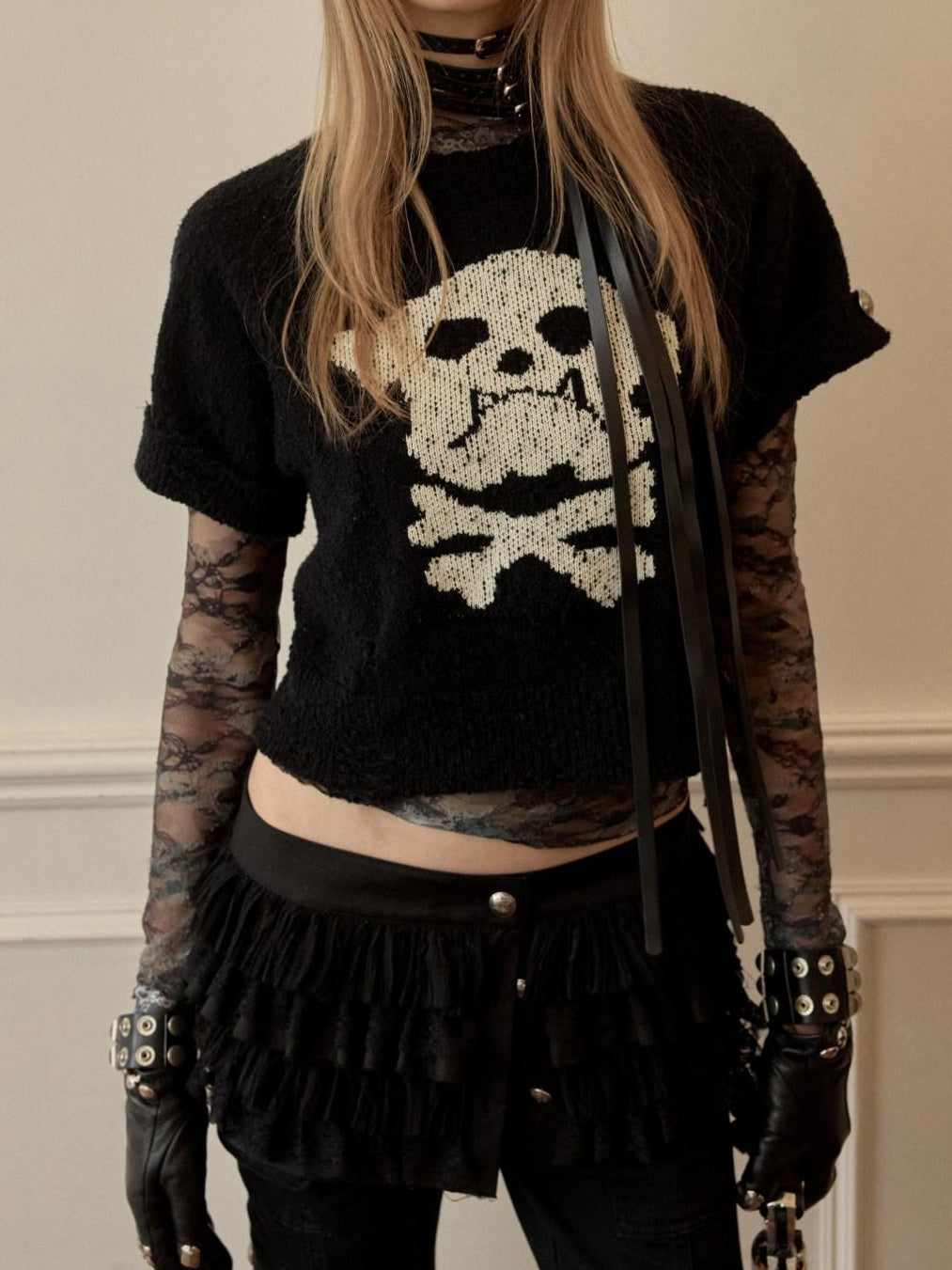 1JINN STUDIO Skull Graphic Punk Fitted Crew Neck Women Cotton Short Sleeve Basic Crop Tops