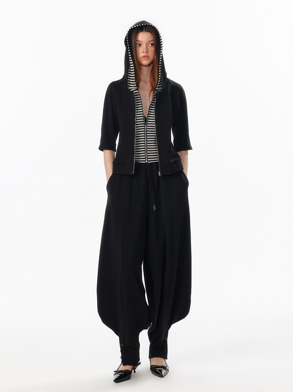 ALINNVSTUDIO Waist Slimming Cropped Zip Patchwork Raglan Hooded Pocket Ribbed Women Hoodie