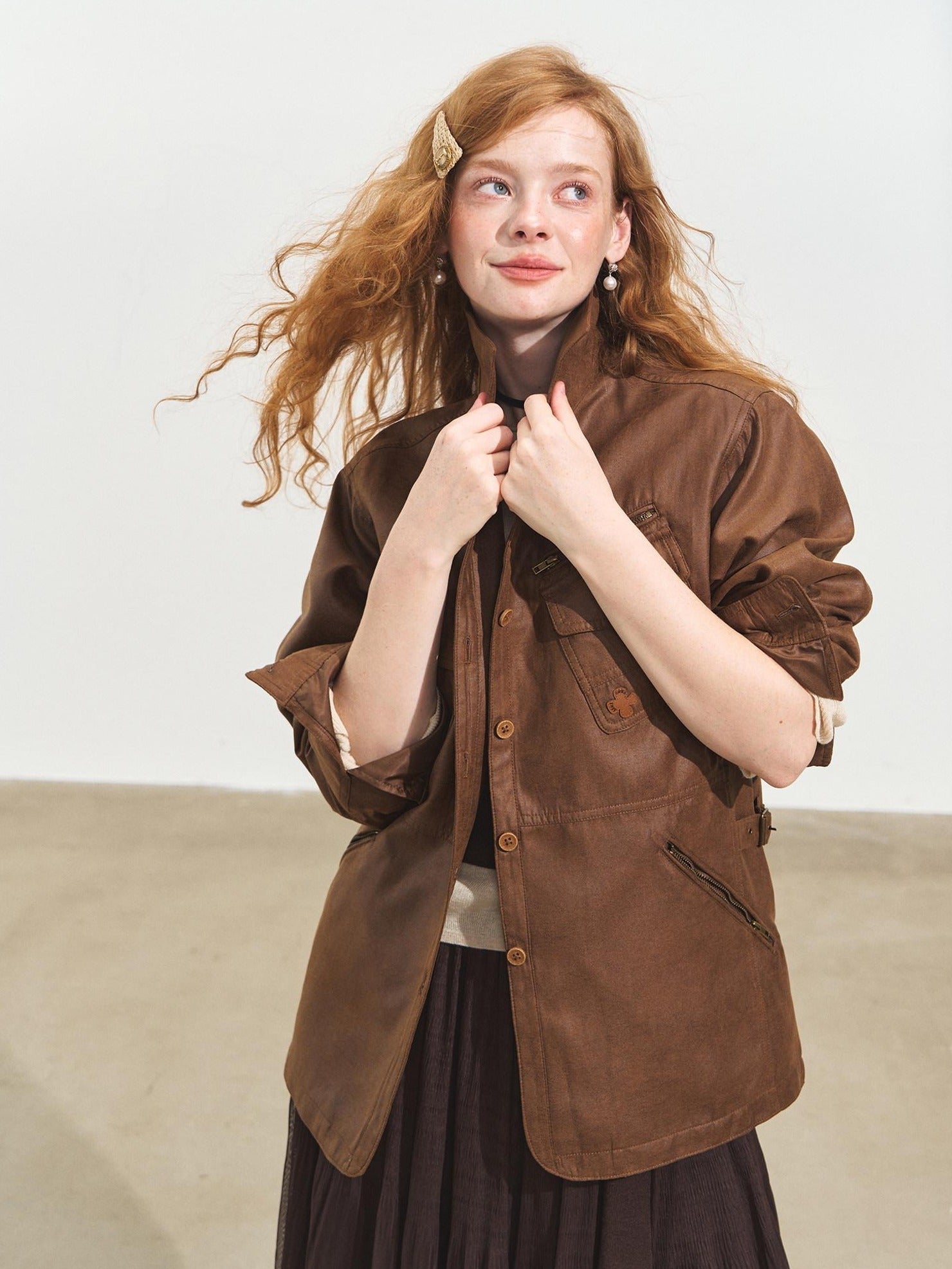 SOMESOWE Oversized Casual Pu Stand Collar Zip Flap Pocket Brown Women Leather Jackets