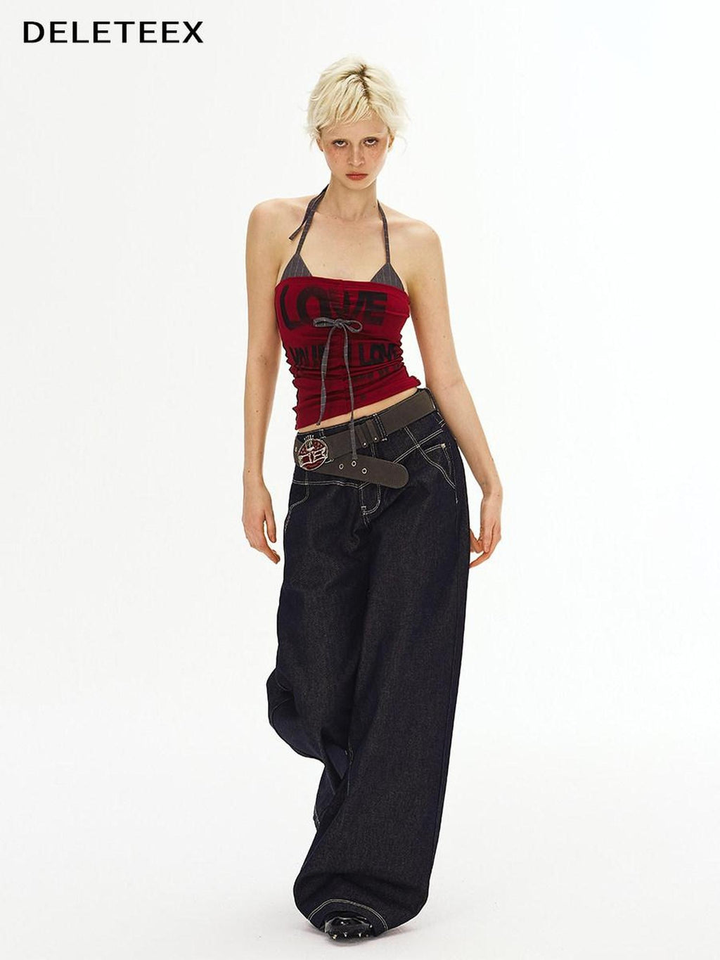 DeleteEx Dark Indigo Original Denim Relaxed Natural Waist Loose Casual Wide Leg Jeans