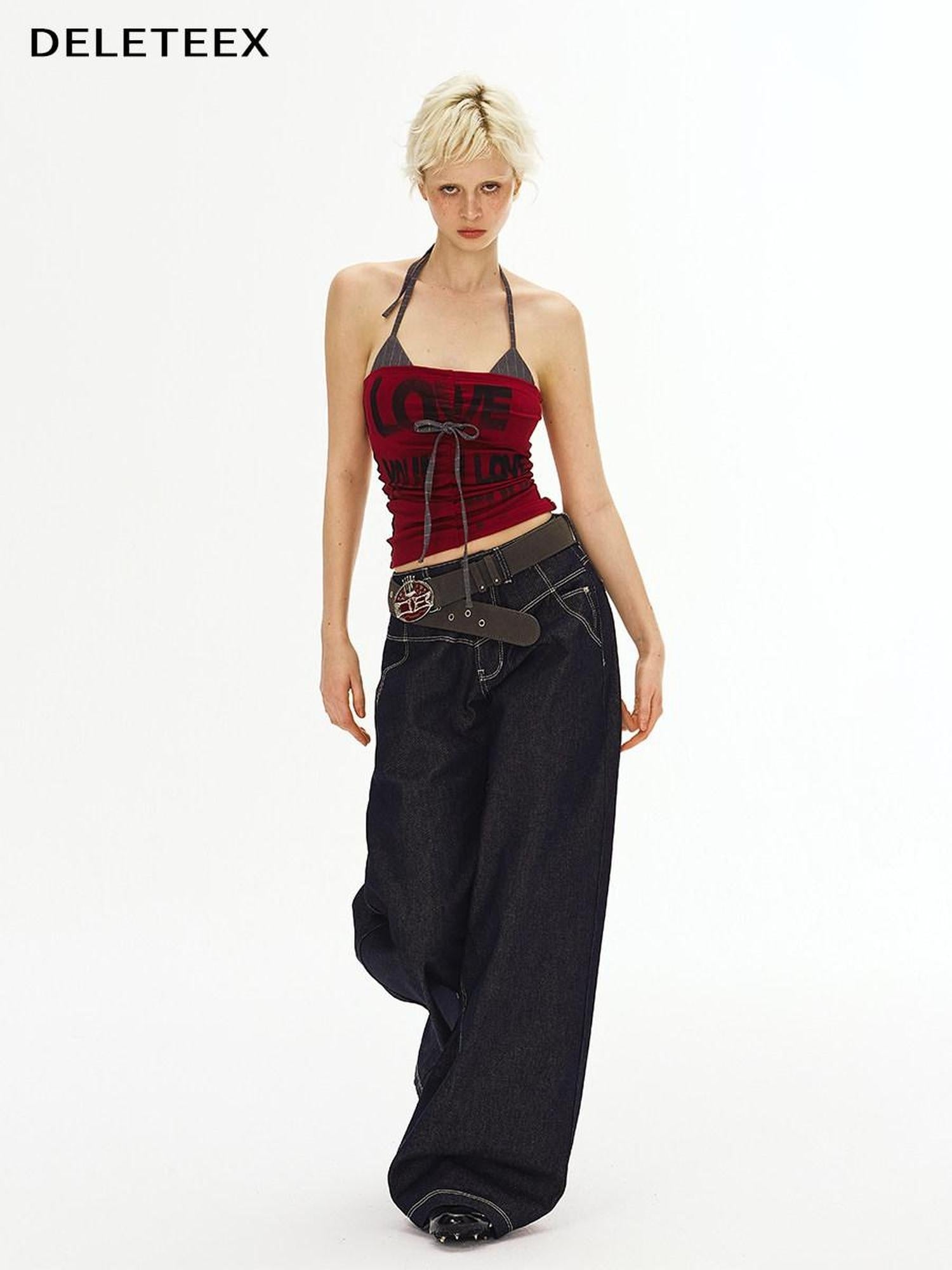 DeleteEx Dark Indigo Original Denim Relaxed Natural Waist Loose Casual Wide Leg Jeans